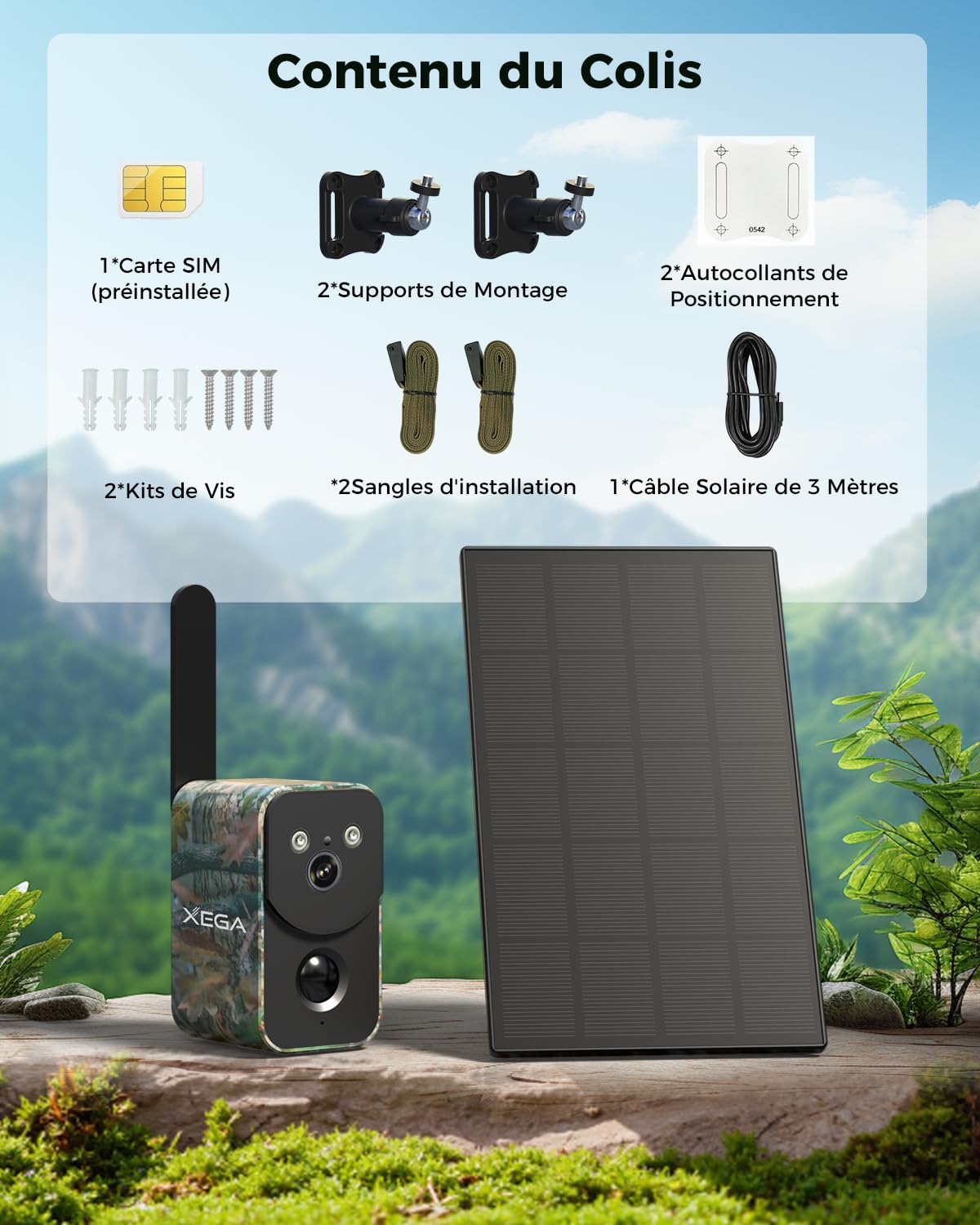 Xega 4G LTE Caméra Extérieure sans Fil avec Carte SIM,3 W Panneau Solaire