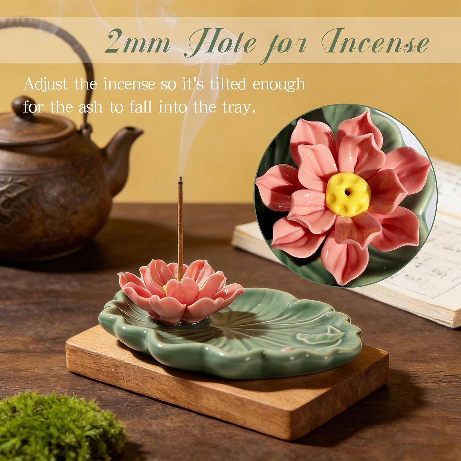 Lotus and Leaf Incense Stick Holder with Hole, Green Porcelain Incense Tray Ash Catcher for Spa, Meditation Room, Yoga, Home, Office, Ash Tray, Jewelry Tray image 3