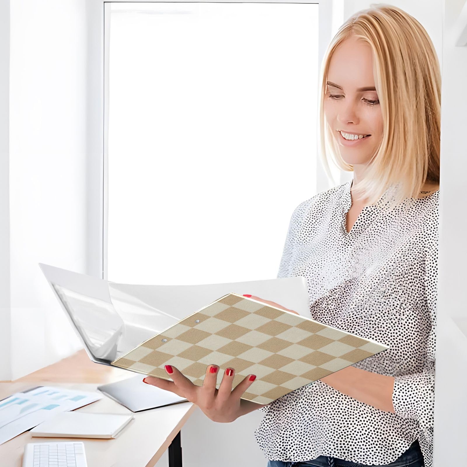 Classeur à 3 anneaux avec motif à carreaux beige – Classeur robuste à trois anneaux de 3,8 cm avec 2 poches, anneaux ronds pour fournitures de bureau (taille lettre)
