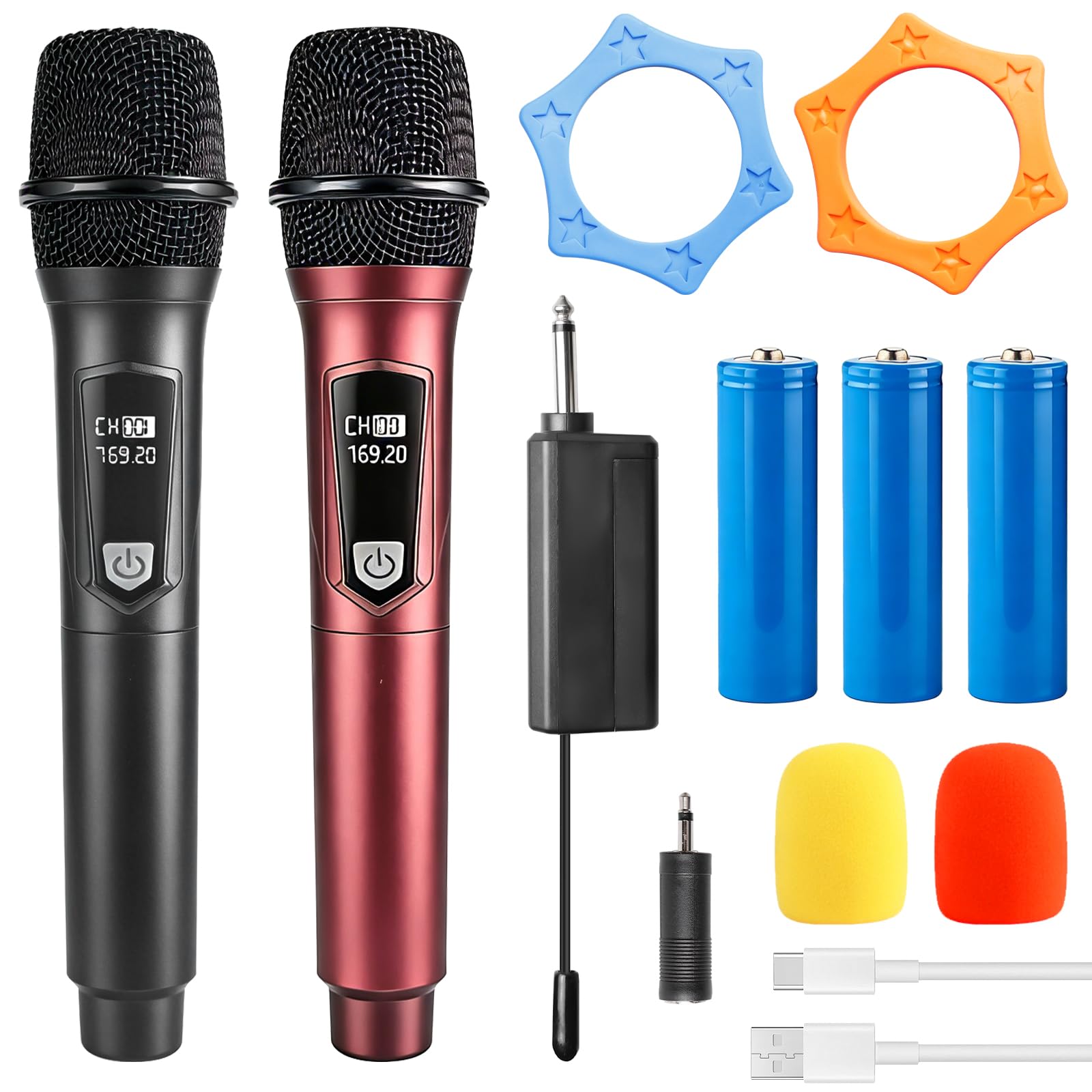 Set microfono senza fili, doppio microfono, microfono a mano, ricaricabile, dinamico con ricevitore, portata di ricezione 20 m, microfono karaoke, microfono per palcoscenico, conferenza, KTV a casa