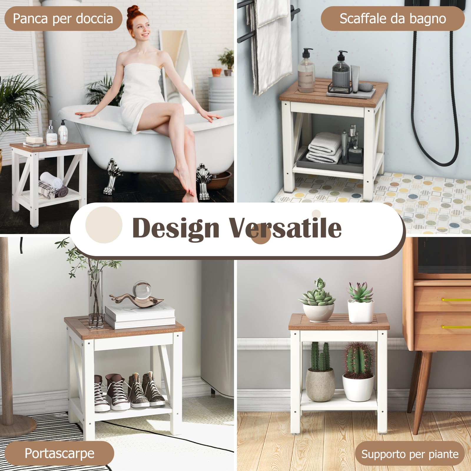 RELAX4LIFE Taburete de baño con estante de almacenamiento, Banquetas Asiento de ducha de HDPE, banco de ducha de hasta 150 kg para adultos y ancianos (42,5 x 32 x 46 cm, marrón)