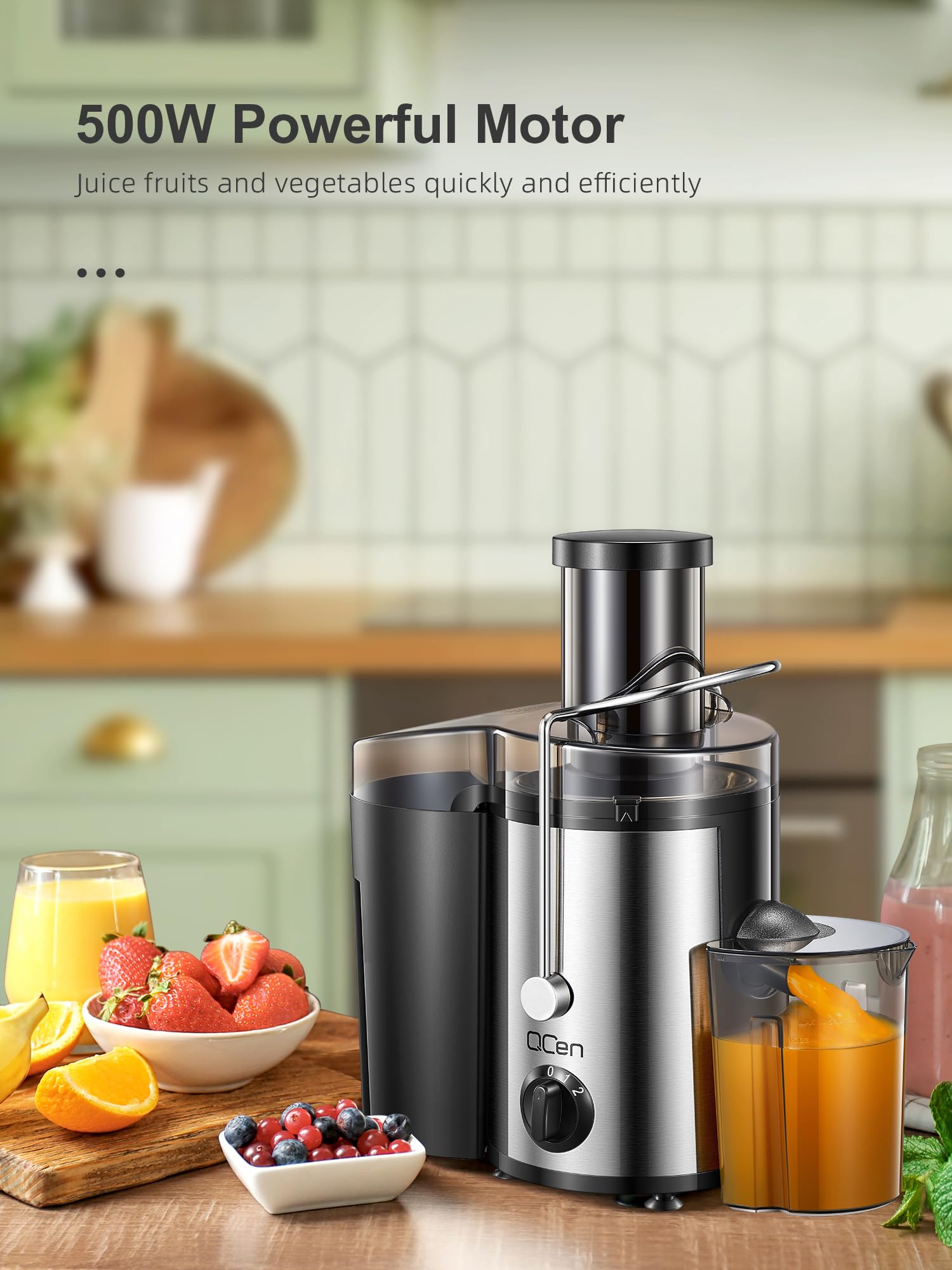 Extracteur de Jus Centrifuge 800W avec Large Goulotte de 3 Pouces, Facile à Nettoyer, Acier Inoxydable, Sans BPA, Idéal pour Fruits et Légumes (Sliver, 500W)