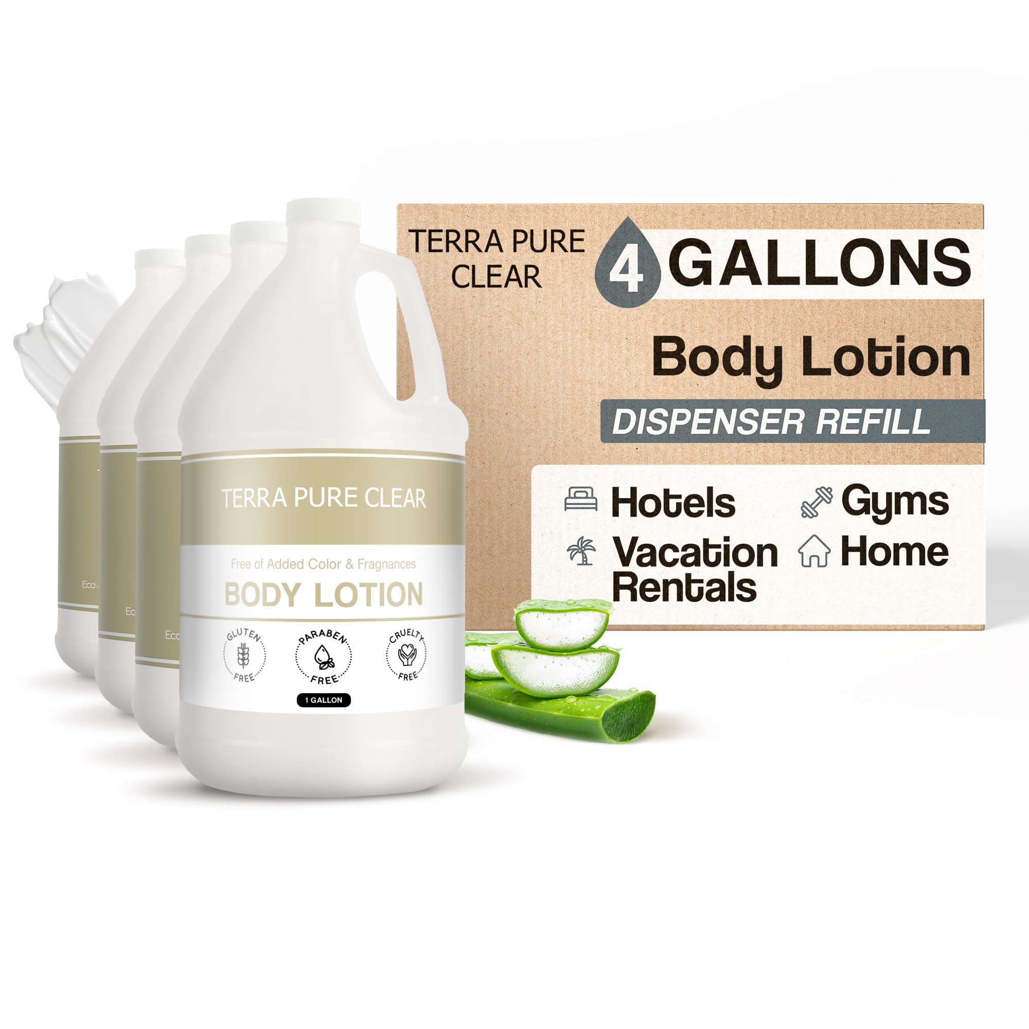 Terra Pure Clear Color Fragrance-Free Hotel Lotion Four Gallons For Hospitality Vacation Rentals to Refill Dispensers Set of