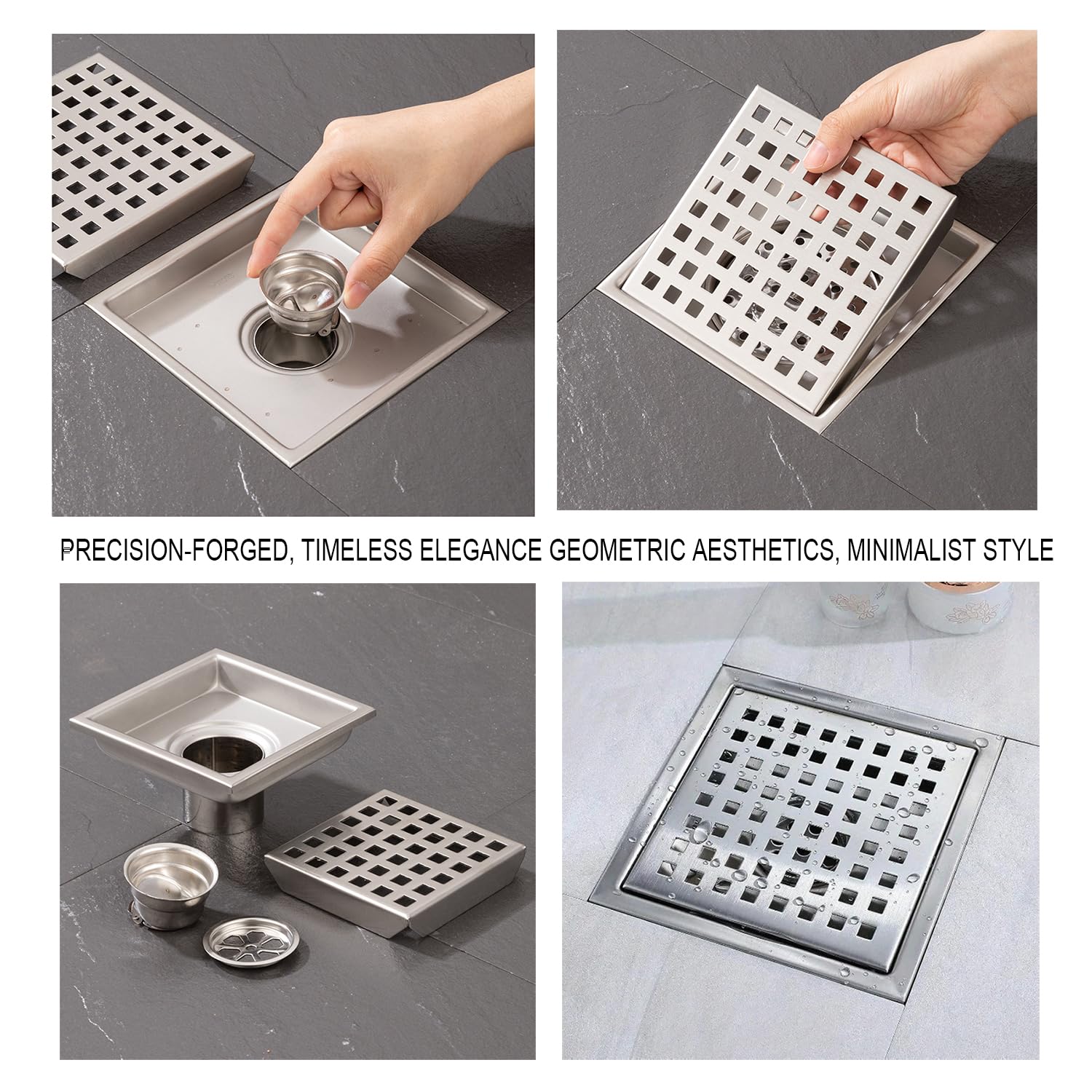Caniveau de douche carré - 15 x 15 cm - Drain de douche - Siphon 360° avec filtre anti-odeurs et filtre à cheveux - 2 en 1 - Pince en acier inoxydable - Pour salle de bain, cave, intérieur et