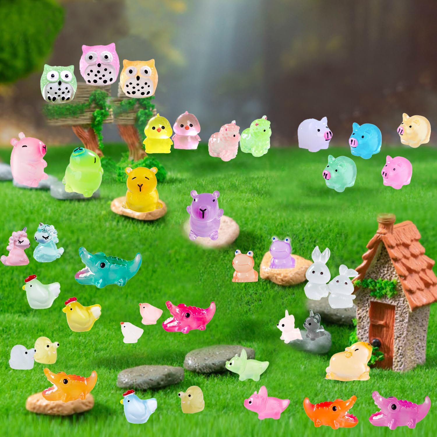 U-Zimikee 150 figuras luminosas de animales de resina en miniatura, pequeños animales que brillan en la oscuridad, figuras de animales pequeños para ocultar mini animales, adornos de micropaisaje,