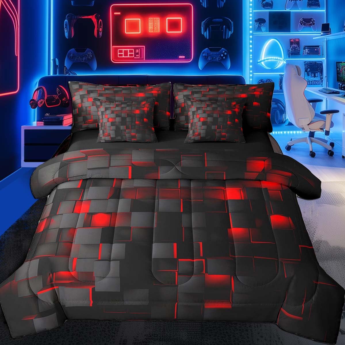 Red and Black Bedding Set Queen Size Light Geometric Comforter Set with Sheets 7 Piece for Kids Boys Decor Bed in a Bag Modern Bed Set