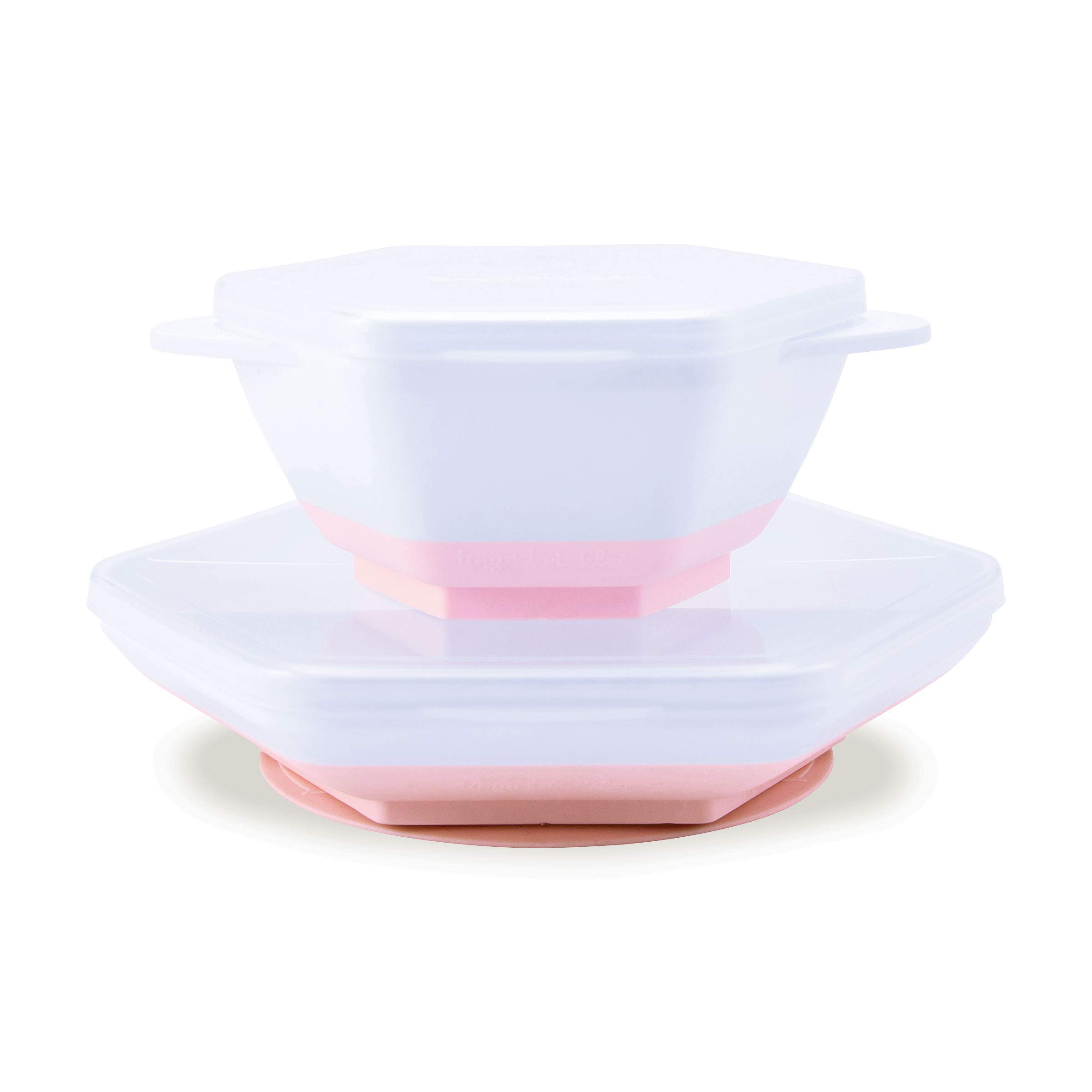 Tiny Twinkle"Grow with Me" Feeding Set - Baby Dishware Suction Bowl, Divided Suction Plate, Storage Lids, Easy Clean, Toddler Feeding Set (Rose)