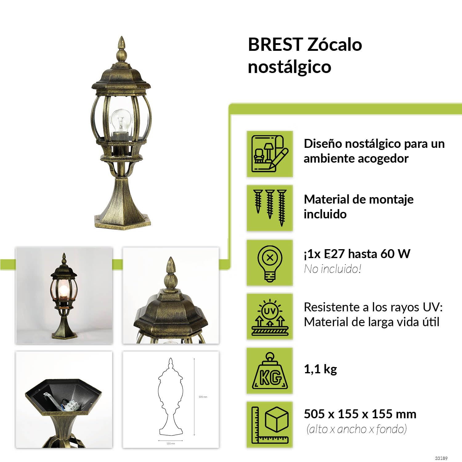 Licht-Erlebnisse Lámpara de sobremuro BREST Farola de estilo rústico en cristal y aluminio dorado antiguo E27 IP43 Lámpara de pie diseño retro para jardín