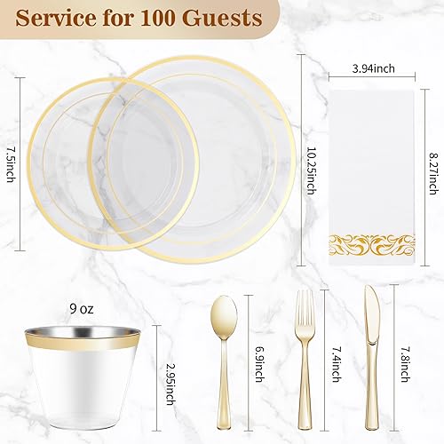 Miniatura 32 de BESTVIP 175 PCS Gold Dinnerware Set for 25 Guests, Plastic Dinnerware Set for Party, Wedding, Christmas, Halloween, Include: 50 Plastic Plates, 25