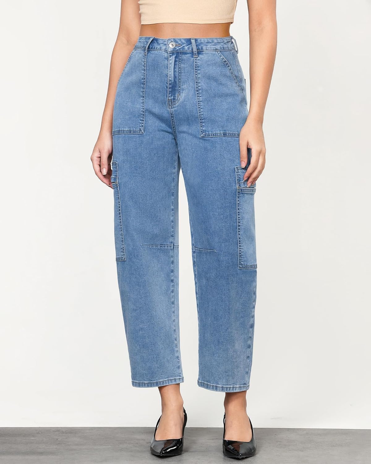 GRAPENT Barrel Jeans for Women Trendy High Waisted Cropped Cargo Pocket Baggy Stretch Denim Pants Wide Leg Tapered Jeans - Image 2