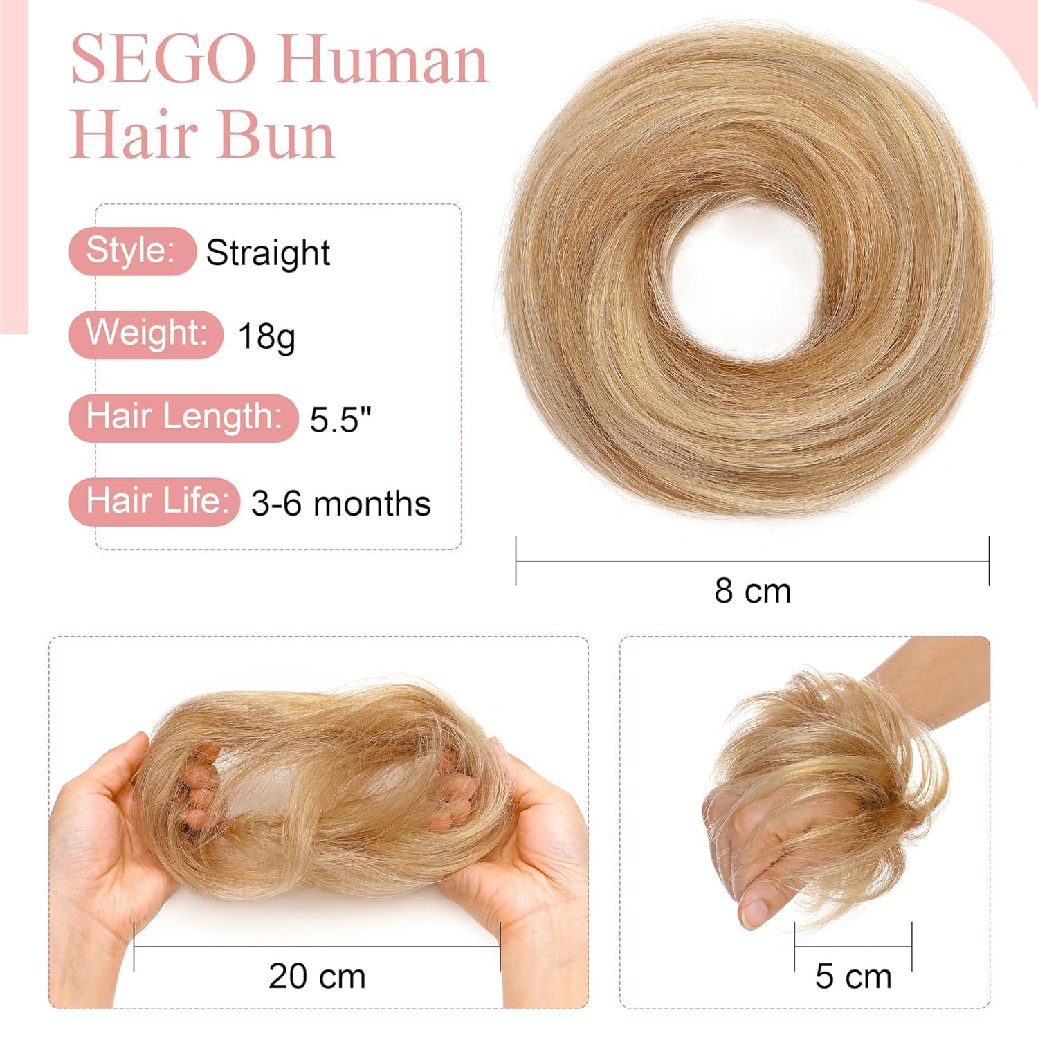 SEGO Human Hair Messy Bun Hairpieces Real Scrunchies Smoothed Updo Donut Chignon Wavy Ponytail Extensions for Women Girls,#12P613 Golden Brown&Bleach Blonde - Image 3