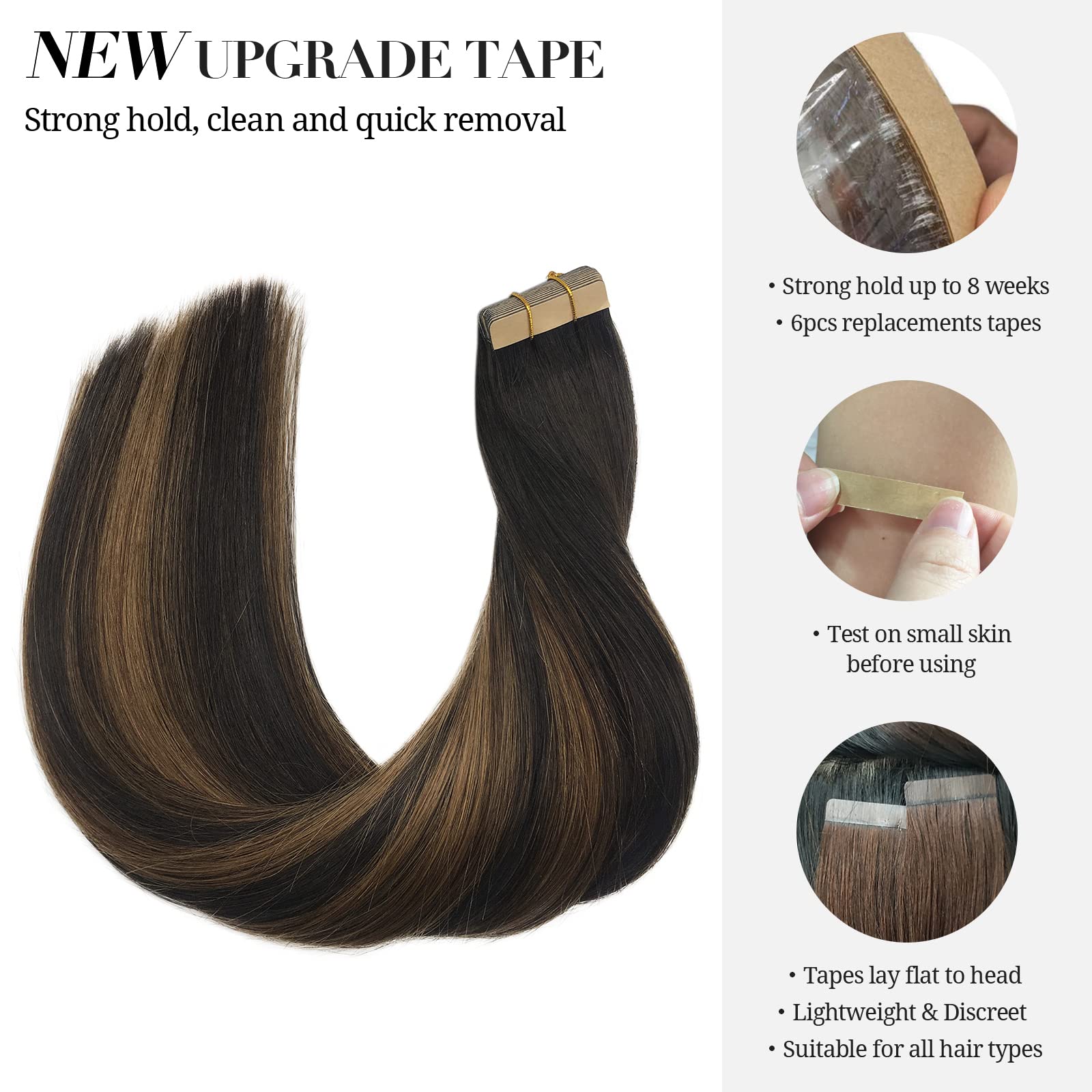 DOORES Tape in Hair Extensions Human Hair Balayage Dark Brown to Chestnut Brown 20pcs 50g 20 Inch Silky Straight Tape in Human Hair Extensions - Image 4
