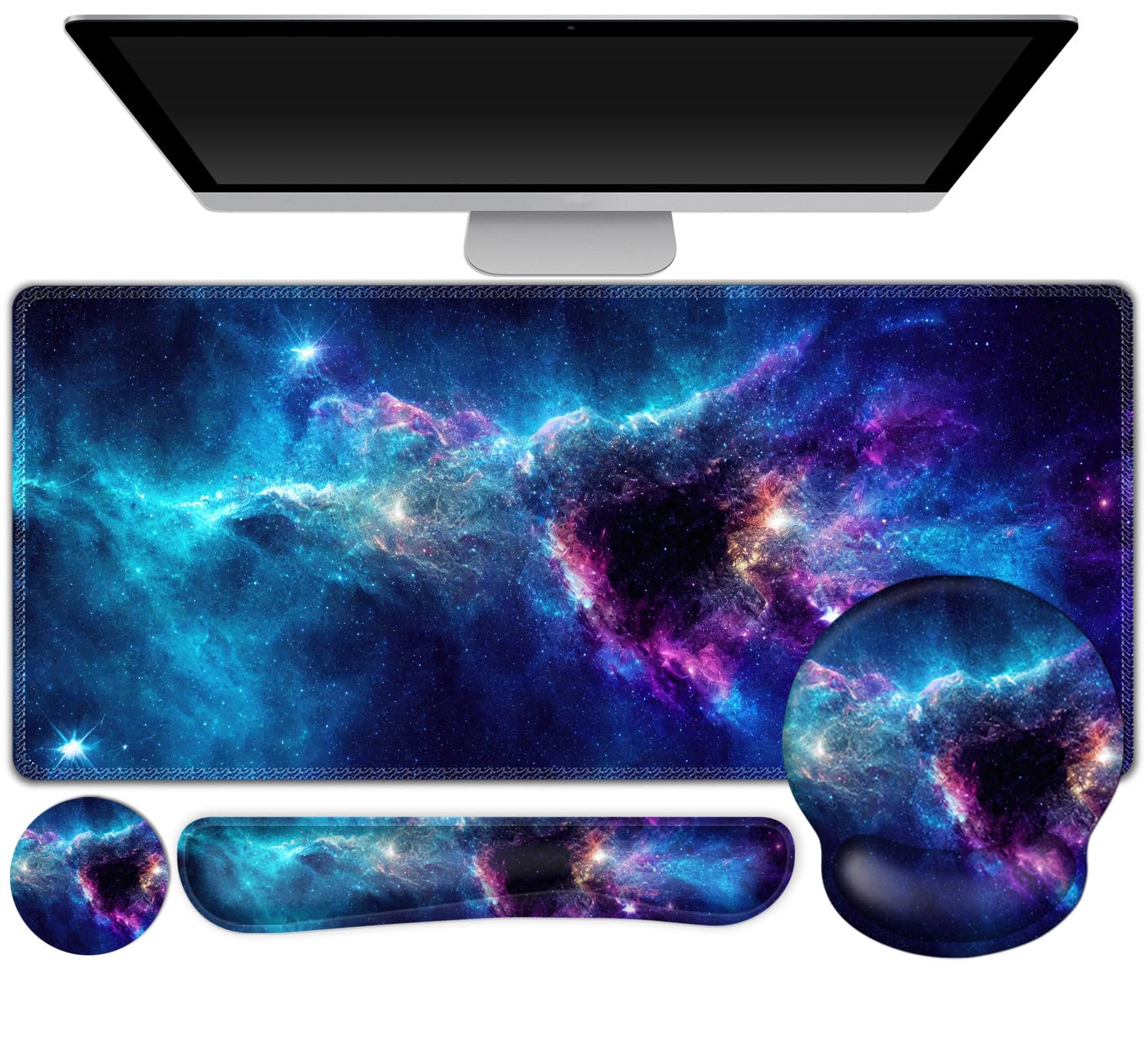 Gaming Mouse Pad, Large Desk Mat, Cute Desk Pad Protector, 4in1 XXL Mousepad + Keyboard Wrist Rest+Mouse Wrist Rest+Coaster Set with Ergonomic Desk Pad for Home Office Table Computer, Galaxy Space