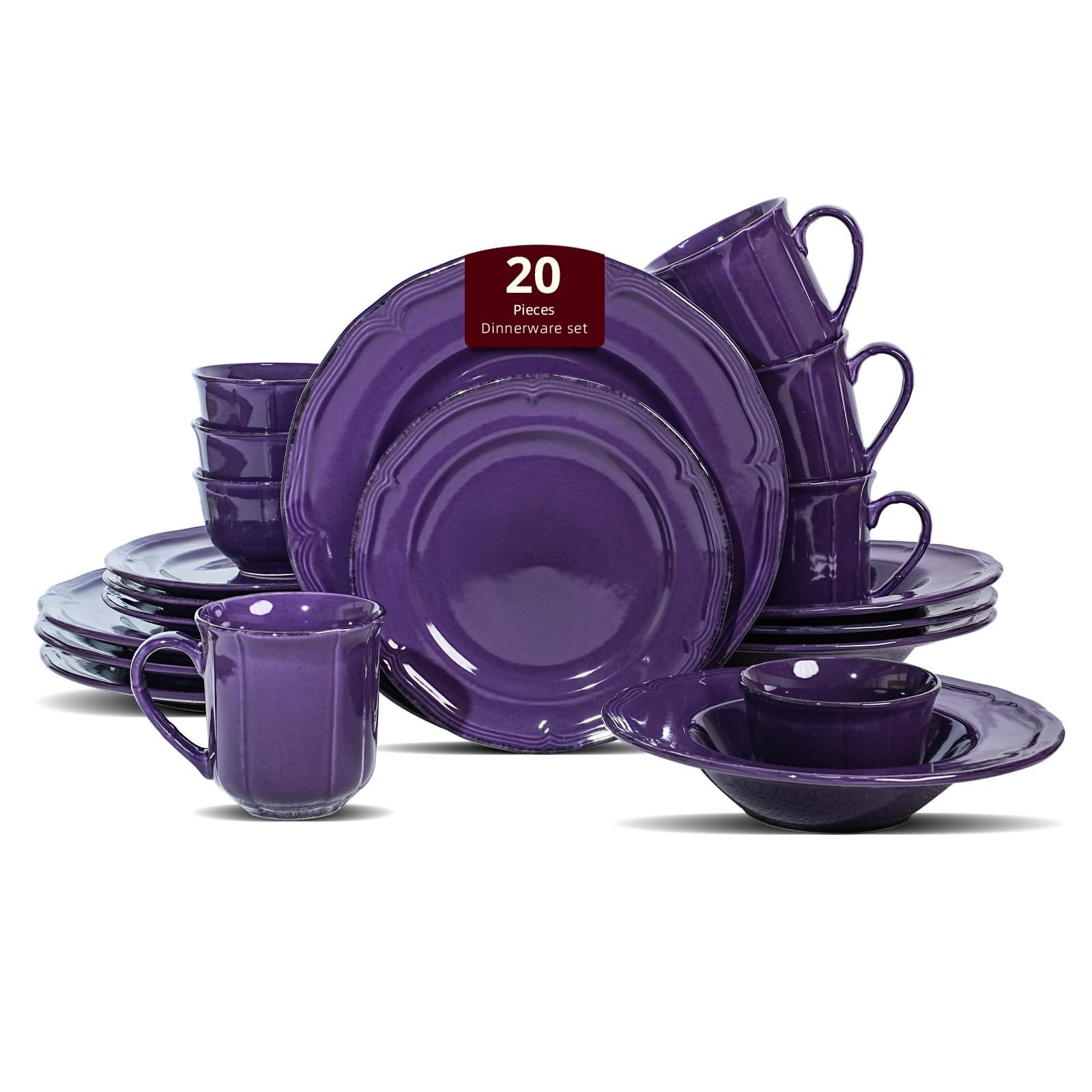 Dinner Set, 20 Piece Stoneware Dinnerware Service for 4, Dining Ware Include Plates, Bowls and Mugs, Chip and Scratch Resistant, Microwave & Dishwasher Safe, Purple
