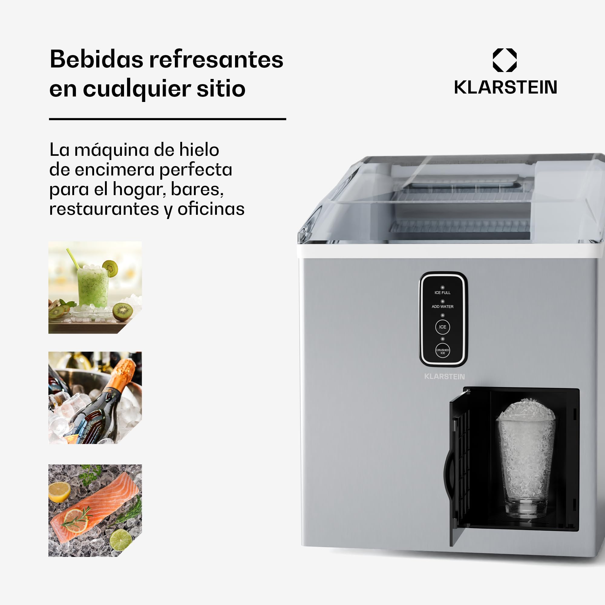 Klarstein Máquina de Hielo 15 kg - Acero Inoxidable, 2 Tipos de Hielo, Depósito 1.8L, Panel LED, Alarma Nivel Agua, Compacta & Potente, Ideal para Casa/Fiestas