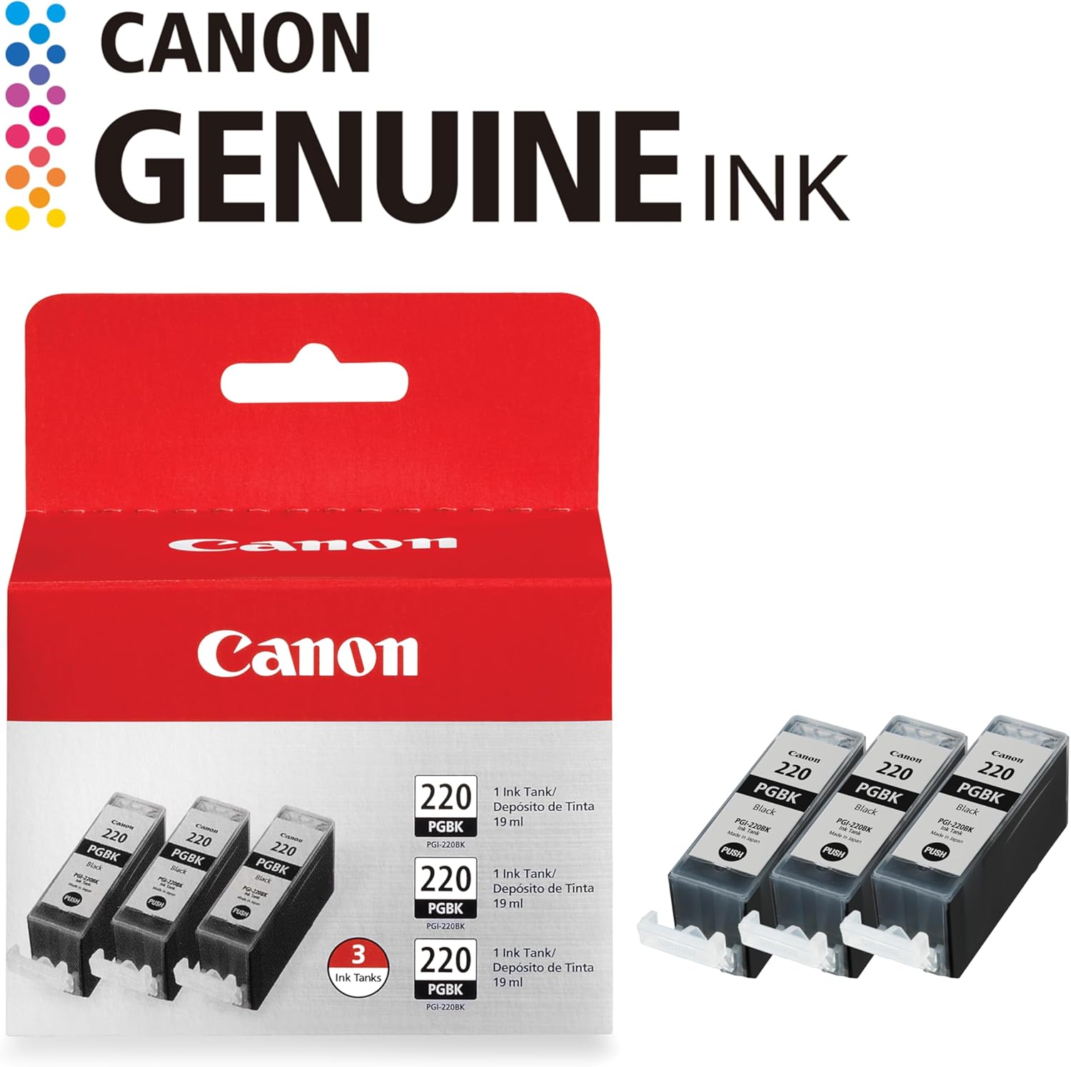 Canon PGI-220 Genuine Black Triple Pack, Compatible with MP980, MP560, MP620, MP640, MP990, MX860, MX870, iP4600, iP3600, and iP4700 Printers