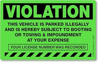 SmartSign Parking Violation Stickers, Pack 50 Labels with Permanent Adhesive, 5" x 8" Paper, Vehicle Illegally Parked Subject to Impoundment Sticker Tickets, Fluorescent Green, USA-Made
