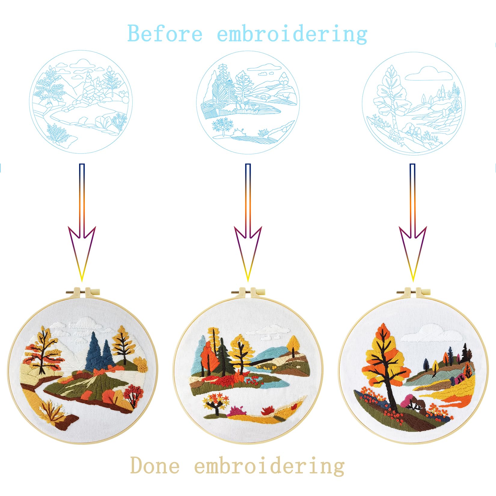 cukol cukol Embroidery Kit for Beginners 3 Set Advanced Embroidery Starter Kit for Adults Easy Streamside Landscape Pre Printed Stamped Cross Stitch Gift for Relaxation Craft Lovers or Home Decor - Image 3