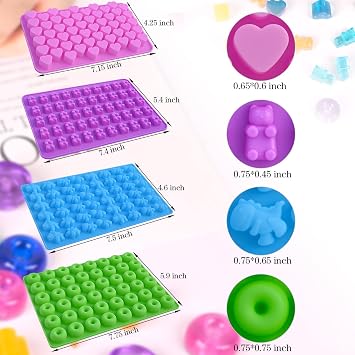 Sakolla Gummy Candy Molds Silicone with 2 Droppers Pack of 4 Mini Silicone Molds Including Dinosaur, Bear Shape, Hearts and Donut Gummie Chocolate Molds for Kids