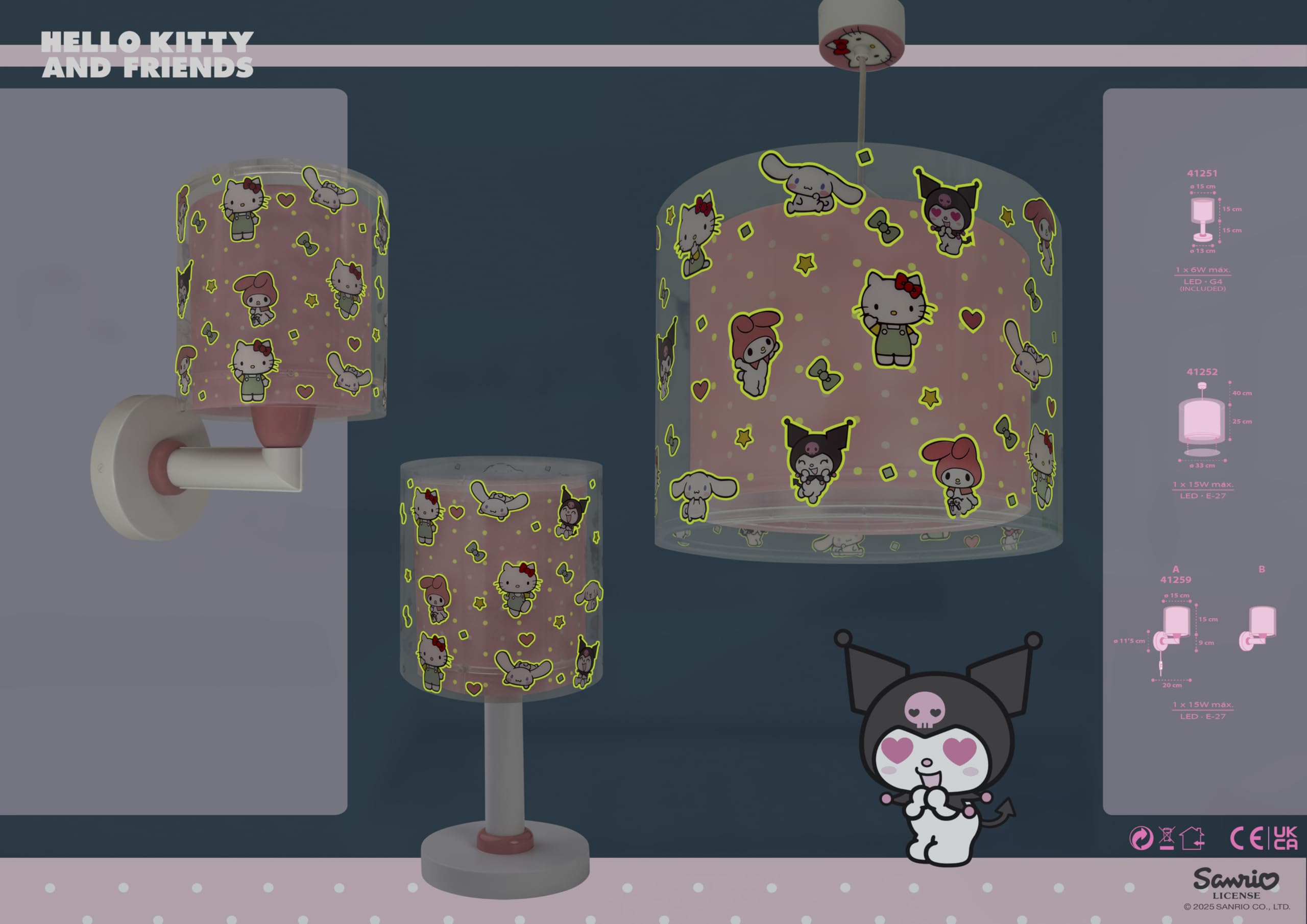 Dalber Lámpara Techo Colgante Infantil Hello Kitty & Friends 41252 E27 | Incluye difusor de luz inferior extraible; Habitación niñas; lámparas infantiles.