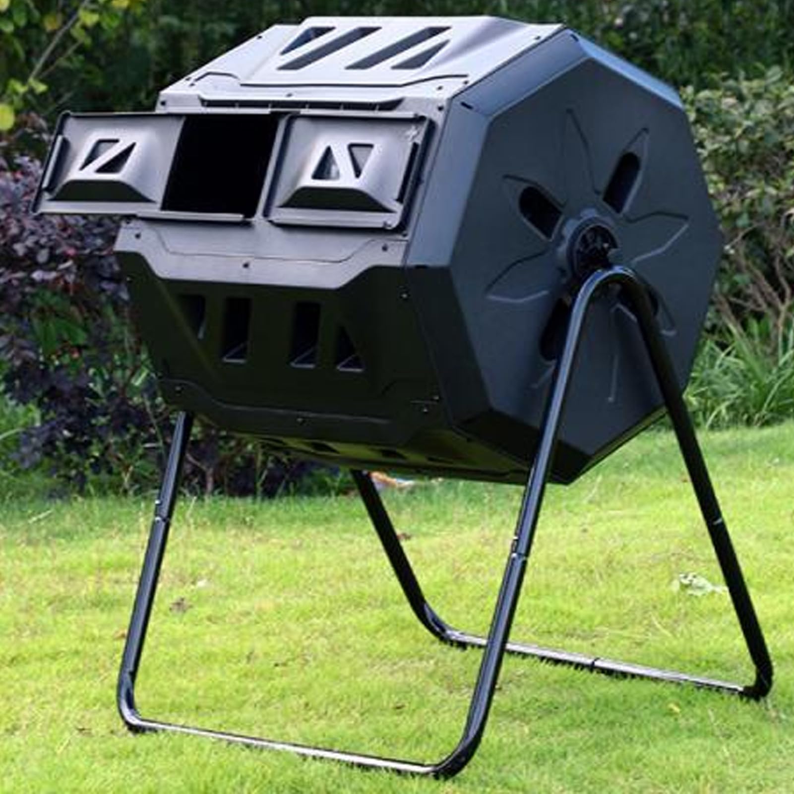 Luocute Composteur à Culbutage Extenrieur Double Bac à Compost Rotatif, Bac à Compost en Fer en Plastique de Grande capacité de 160 L, Fermenteur de Cour, Engrais Organique, à Gobelet