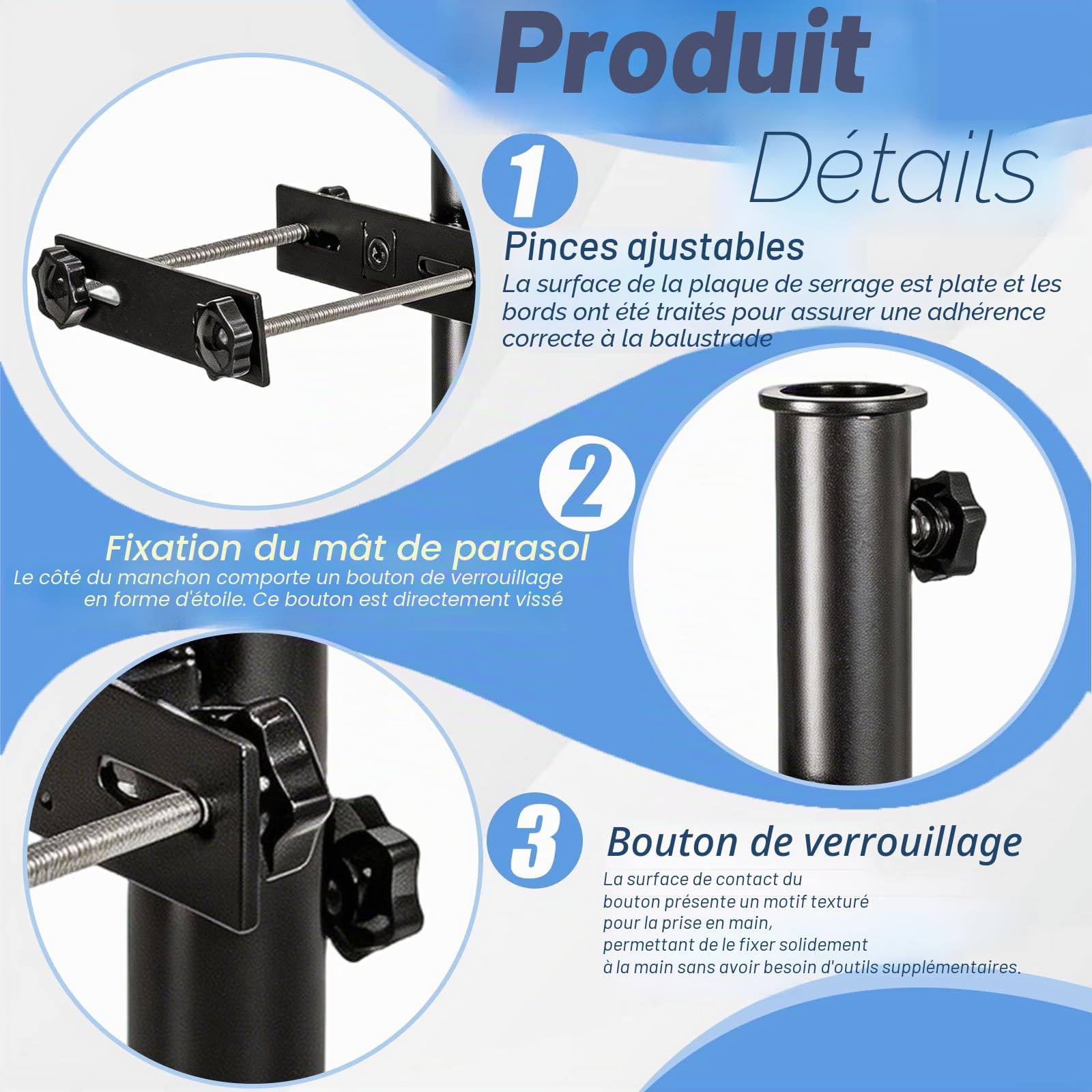 Support De Parasol, Pieds De Parasols pour Balcons Et Terrasses Pince Fixation Métallique Robuste Et Réglable pour Balustrade avec Pinces Et Vis pour Mât De Parasol De 40mm De Diamètre