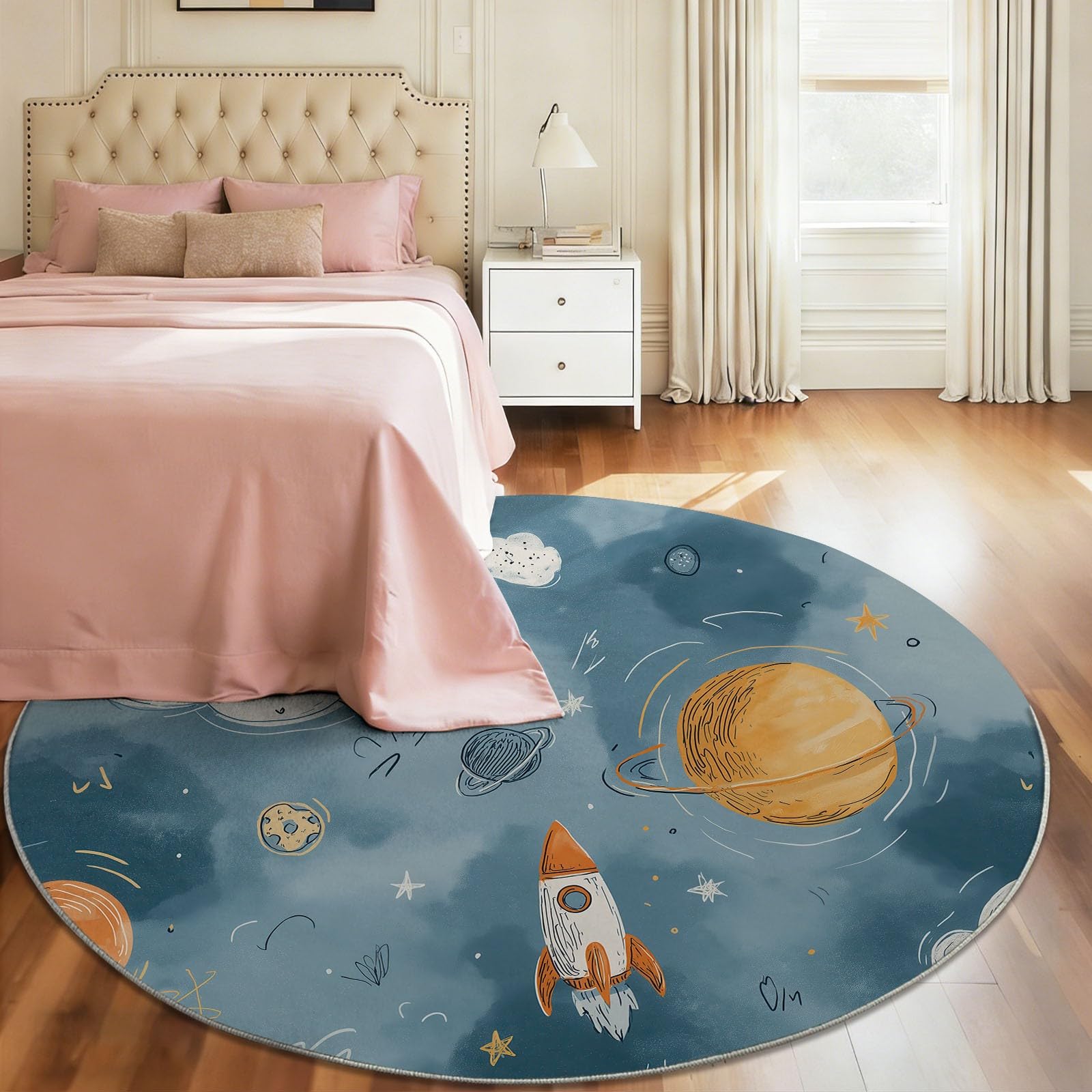 Rakete Planeten Runder Teppich rutschfest 150 cm für Esszimmer & Flur, Blau für Esszimmer & Flur, Cartoon Spaß Weltall Weicher Kurzflor Teppich Waschbar Pflegeleicht
