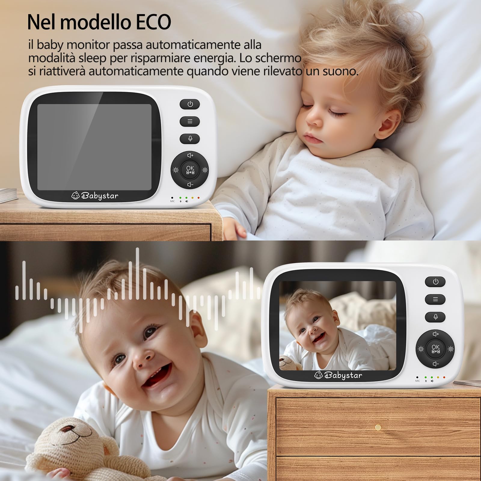Babystar Babyphone con fotocamera Baby Monitor, schermo da 3,2 pollici, baby fone senza Wi-Fi, audio a 2 vie, batteria da 2100 mAh, 4 ninne, modalità VOX, visione notturna, sensore di temperatura