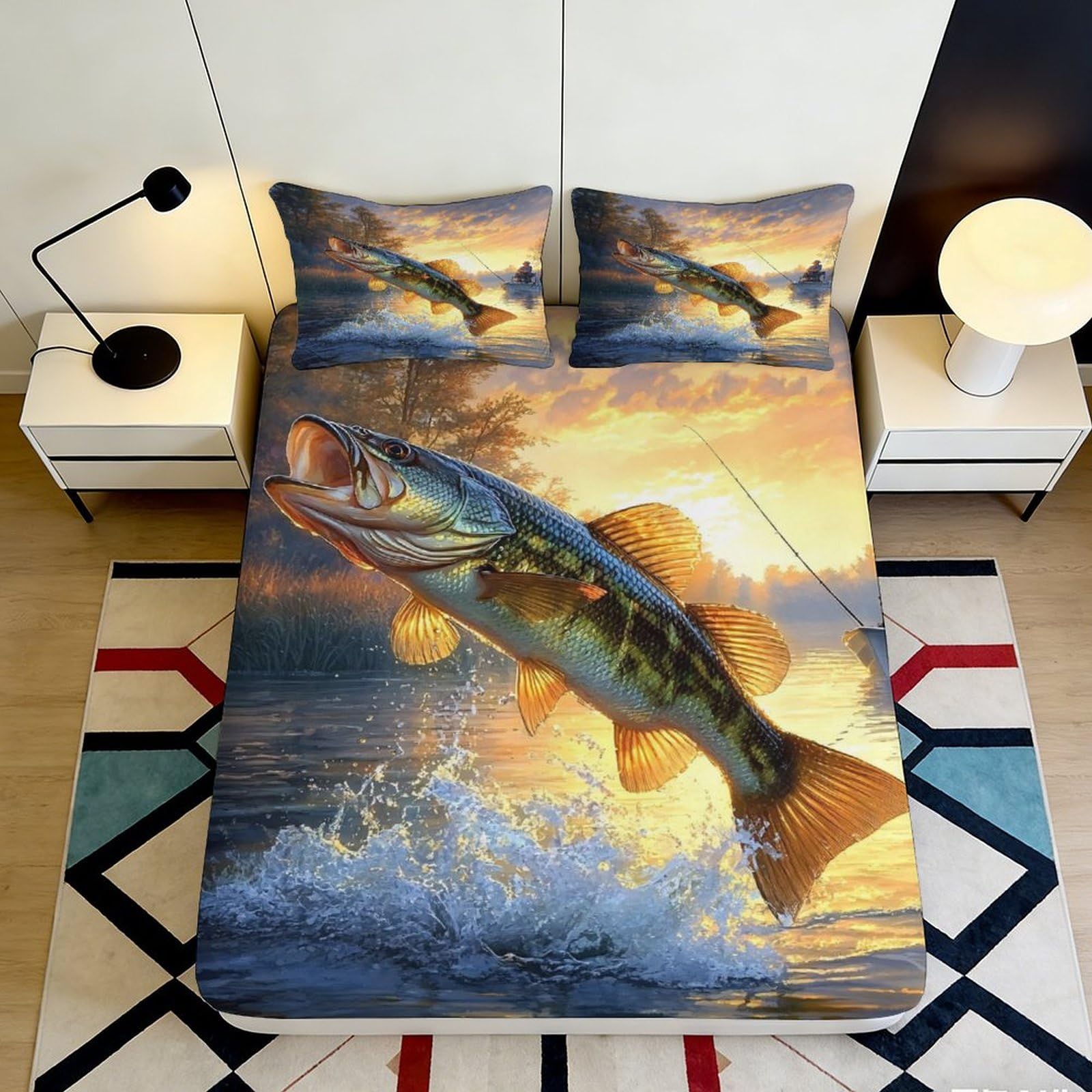3D Printed Fishing Pike Fitted Sheet Microfiber Soft Breathable Sunset River Bed Cover for Bedroom Dormitory Guest Room Mattress Protection Decor 140x200x25cm