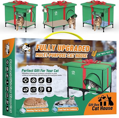 Outdoor Heated Cat House,Weatherproof and Insulated Outside Cat Shelter with Heated Pad and Cooling Pad(4 Seasons Universal),Gift Box for Cats.(Medium)