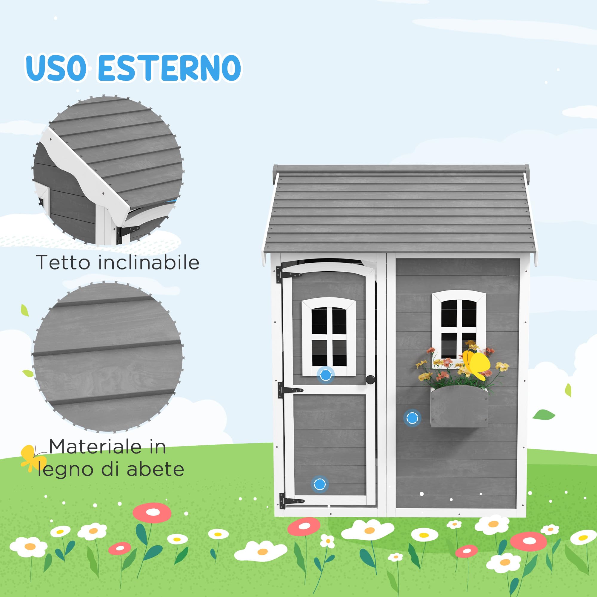 Outsunny Casetta per Bambini 3-8 Anni con 6 Finestre e Fioriera, Casetta da Gioco in Legno di Abete, 104.5x110x137 cm, Grigia