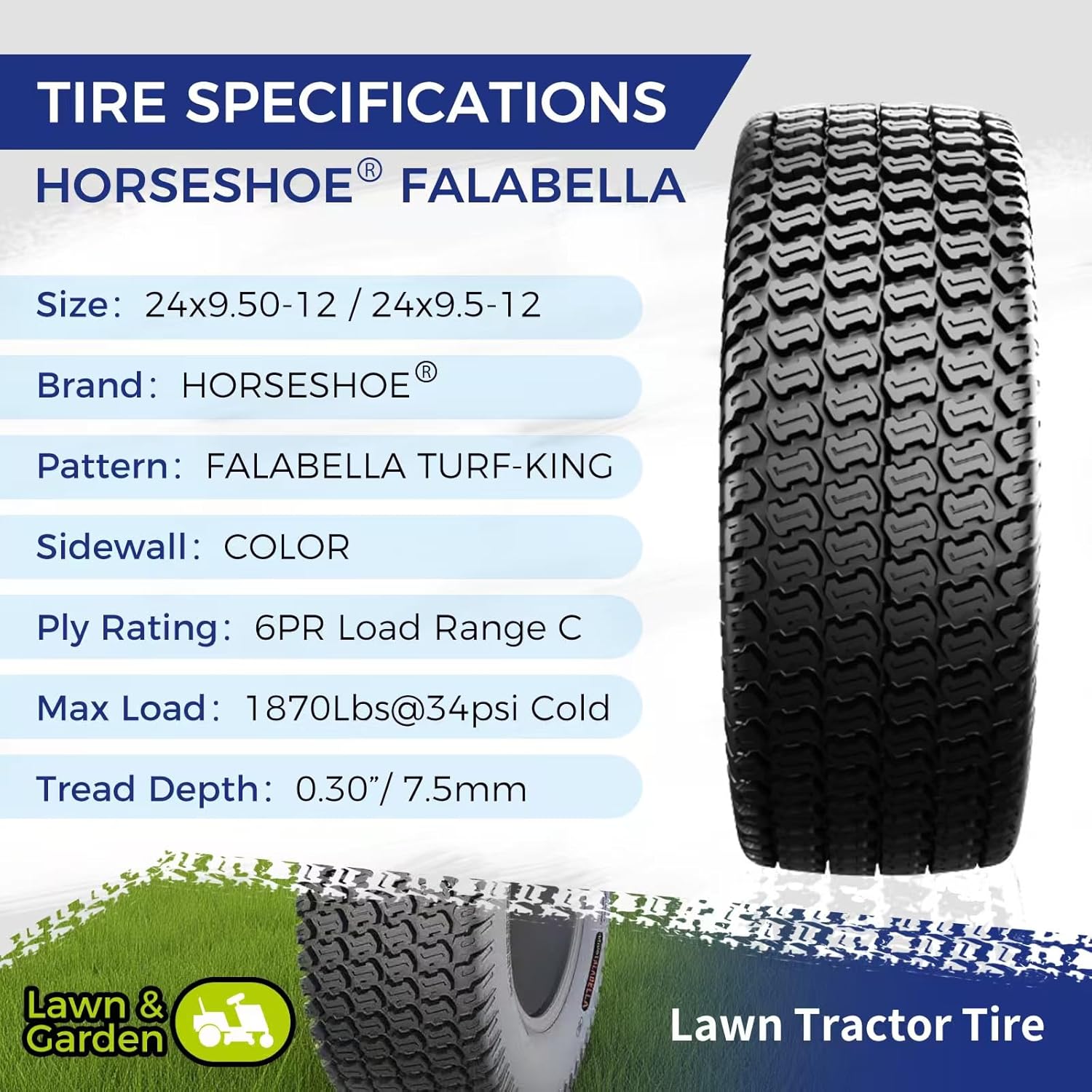 HORSESHOE 2 New 24x9.50-12 6Ply | Turf Trac Pattern | Garden Tractor Ridding Lawn Mower Tubeless Tires | 24x9.5-12 T198 2495012