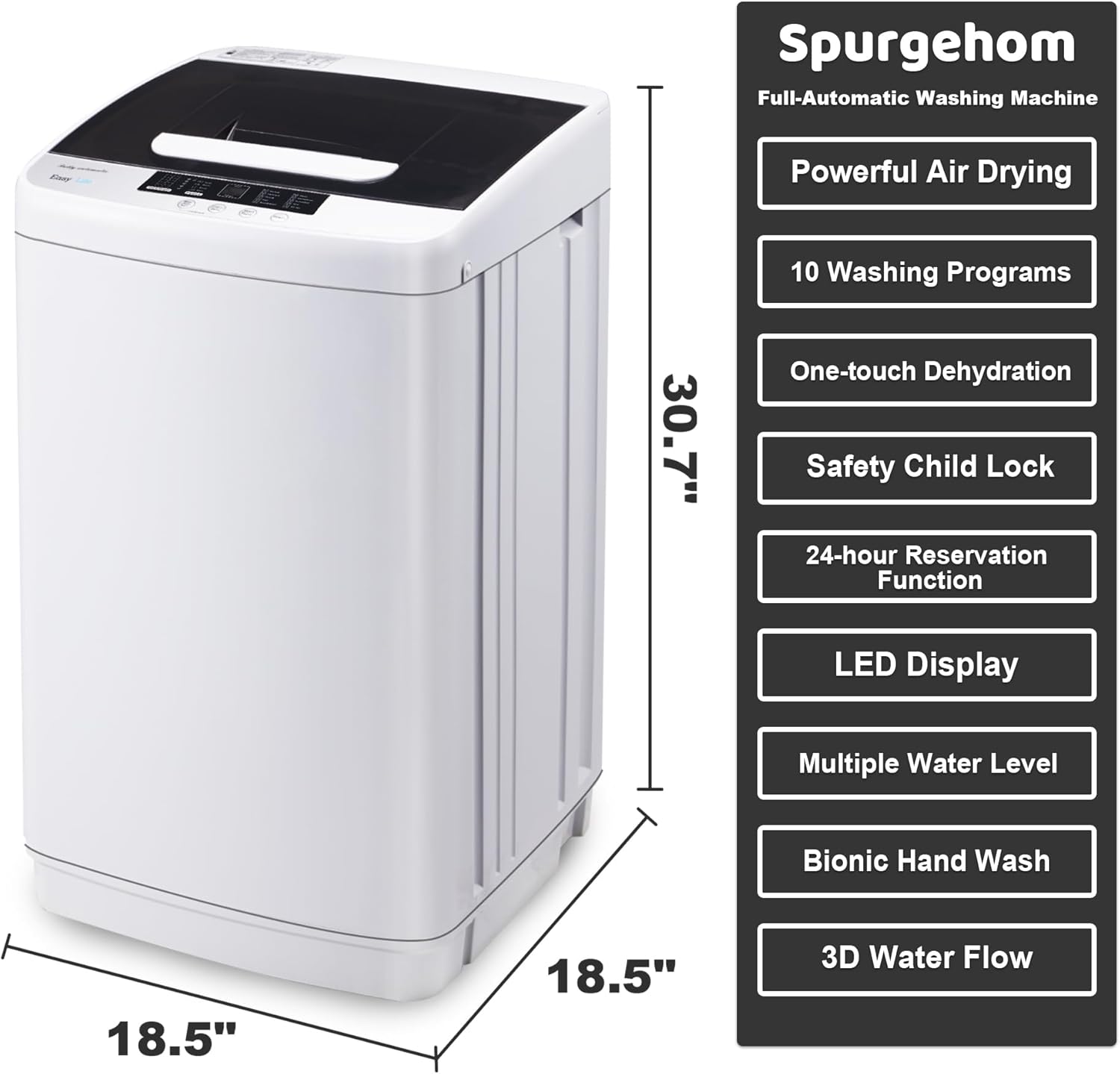 Spurgehom Portable Washing Machine, 15.6 lbs Full Automatic Washing Machine Built- in Pump Drain, washer and dryer combo with LED Display, 10 Cycles, 8 Water Level, Laundry Machine for Apartment, Rv