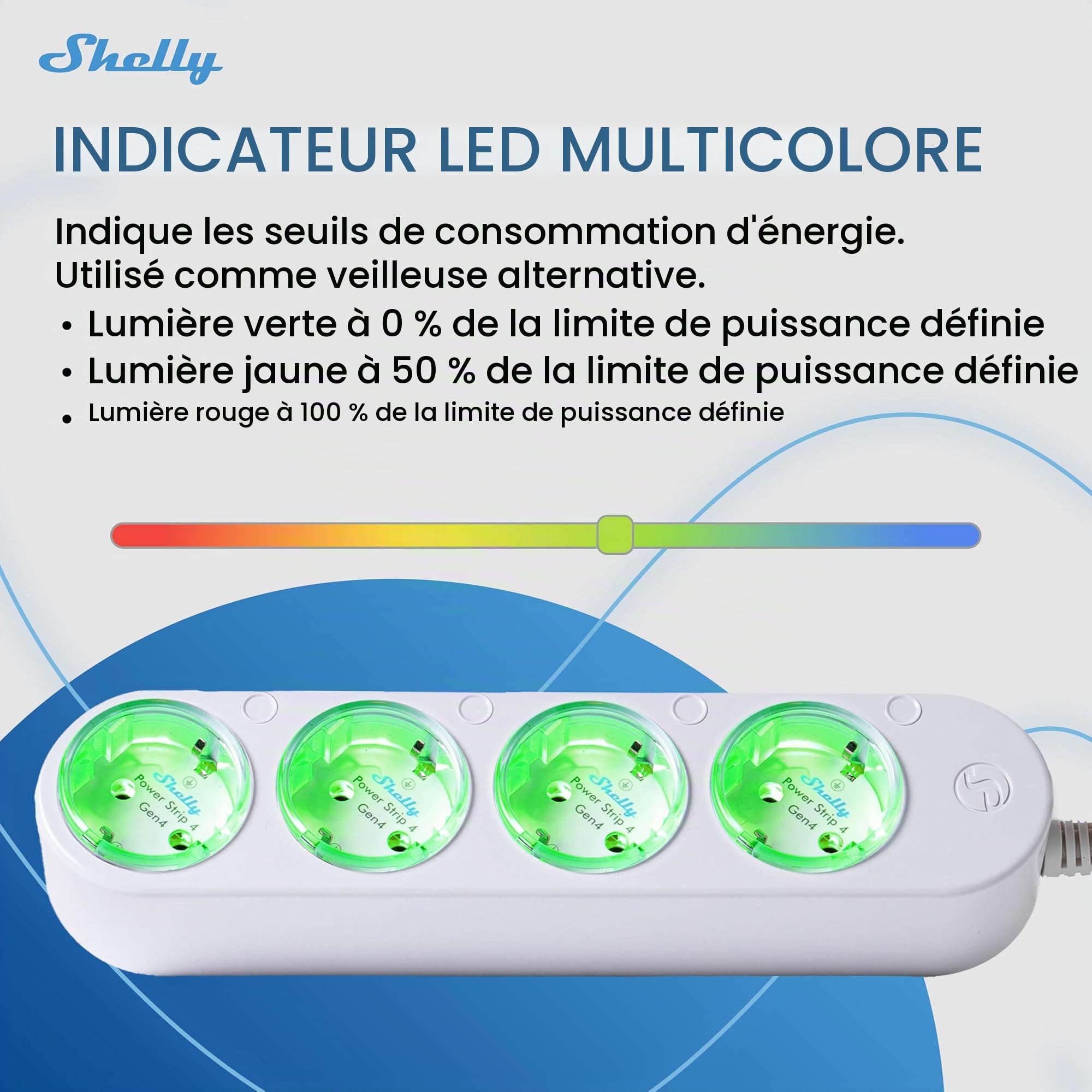 Shelly Power Strip 4 Gen4 Blanc - Multiprise connectée Zigbee et Matter 150 cm, Type F, 4 prises 3680 W, Protection parafoudre et surtension, Commande vocale Apple Homekit, Alexa, Google Home