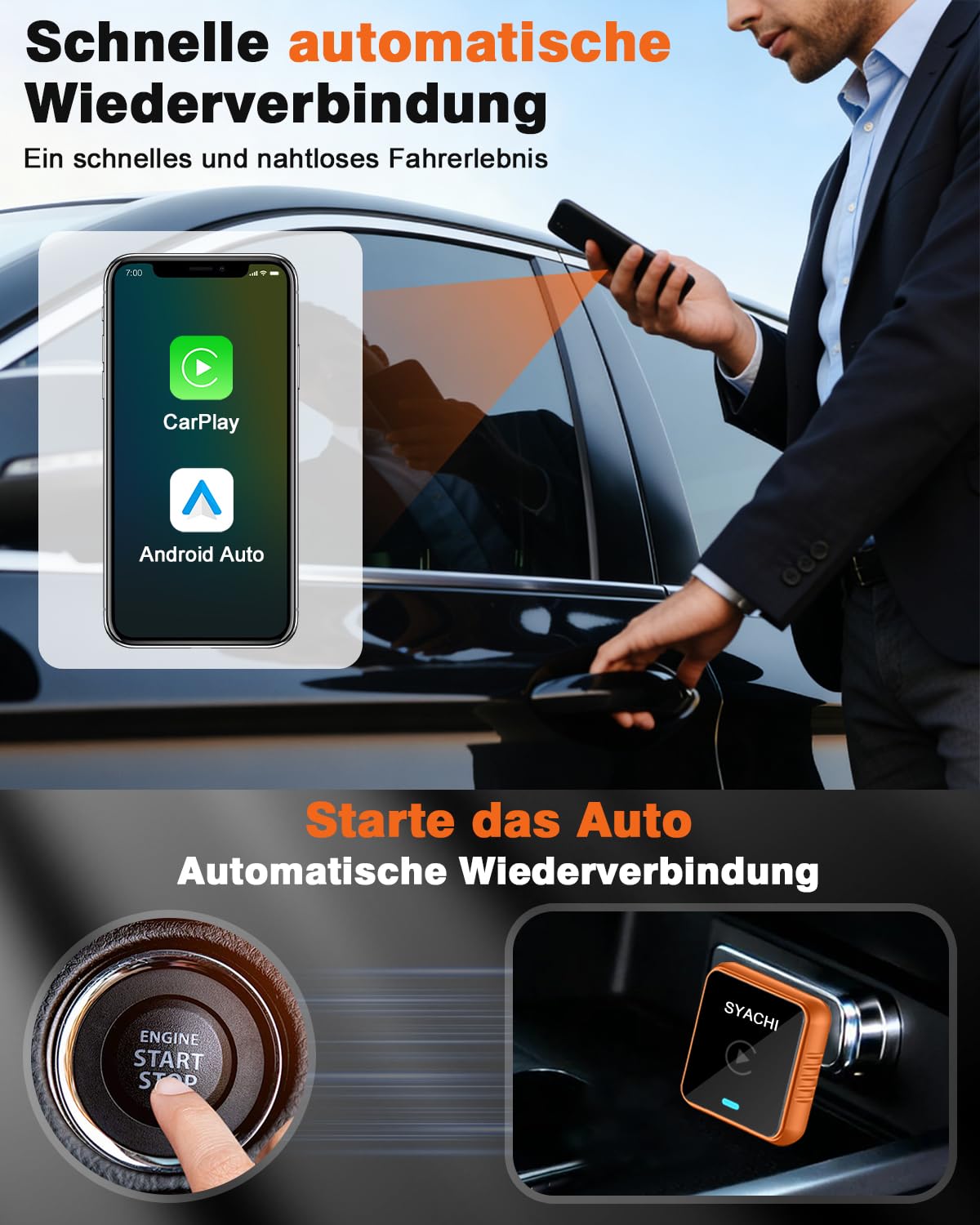 SYACHI 2 en 1 Adaptador CarPlay Inalámbrico con USB A/Tipo-C, Convierte Cableado a Inalámbrico, para iPhone iOS 10+ & Android Auto, Compacto y Estable Bluetooth Car Play Wireless Adapter — view 5