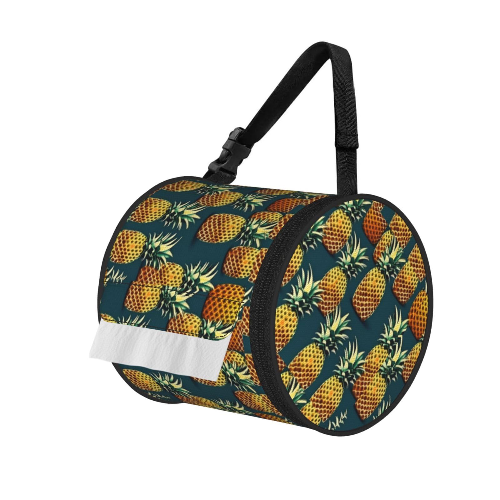 Jiuty Black Retro Pineapple Print Cylinder Tissue Organizer Bag With Strap, Portable Toilet Roll Holder For Camping Car
