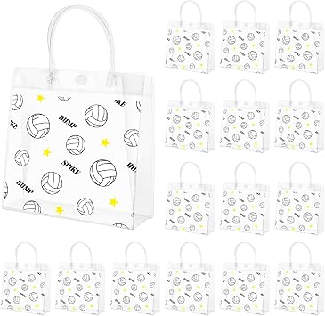 Jeqqinuz Volleyball Goodie Bag, Clear Goodie Bag with Handle, Volleyball Gift Theme PVC Snack Tote Party Favors, Cute Candy Holder Birthday Team Snack Goodie Stuff Game Day Supplies