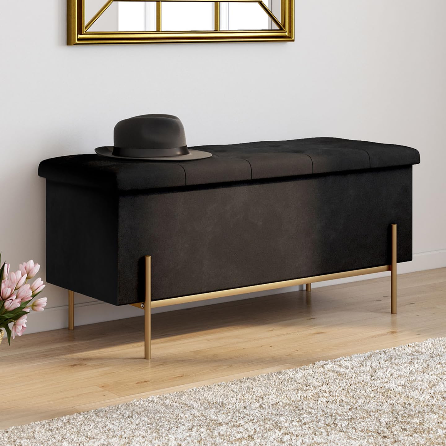 IDMarket - Banc Coffre Rangement Louis avec Pieds métal doré 100 cm Velours Noir