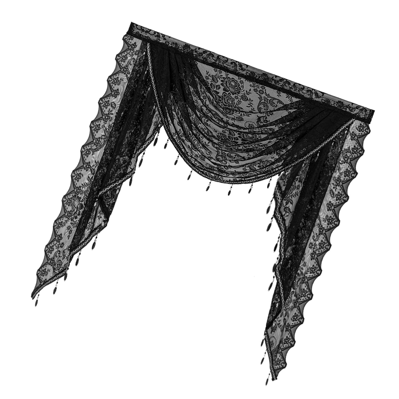 NEWFT Laces Waterfalls Valance with Beadeds Tassels and Florals Embroidery for Bedroom Living Room Kitchen Basement Elegant Laces Window Valance