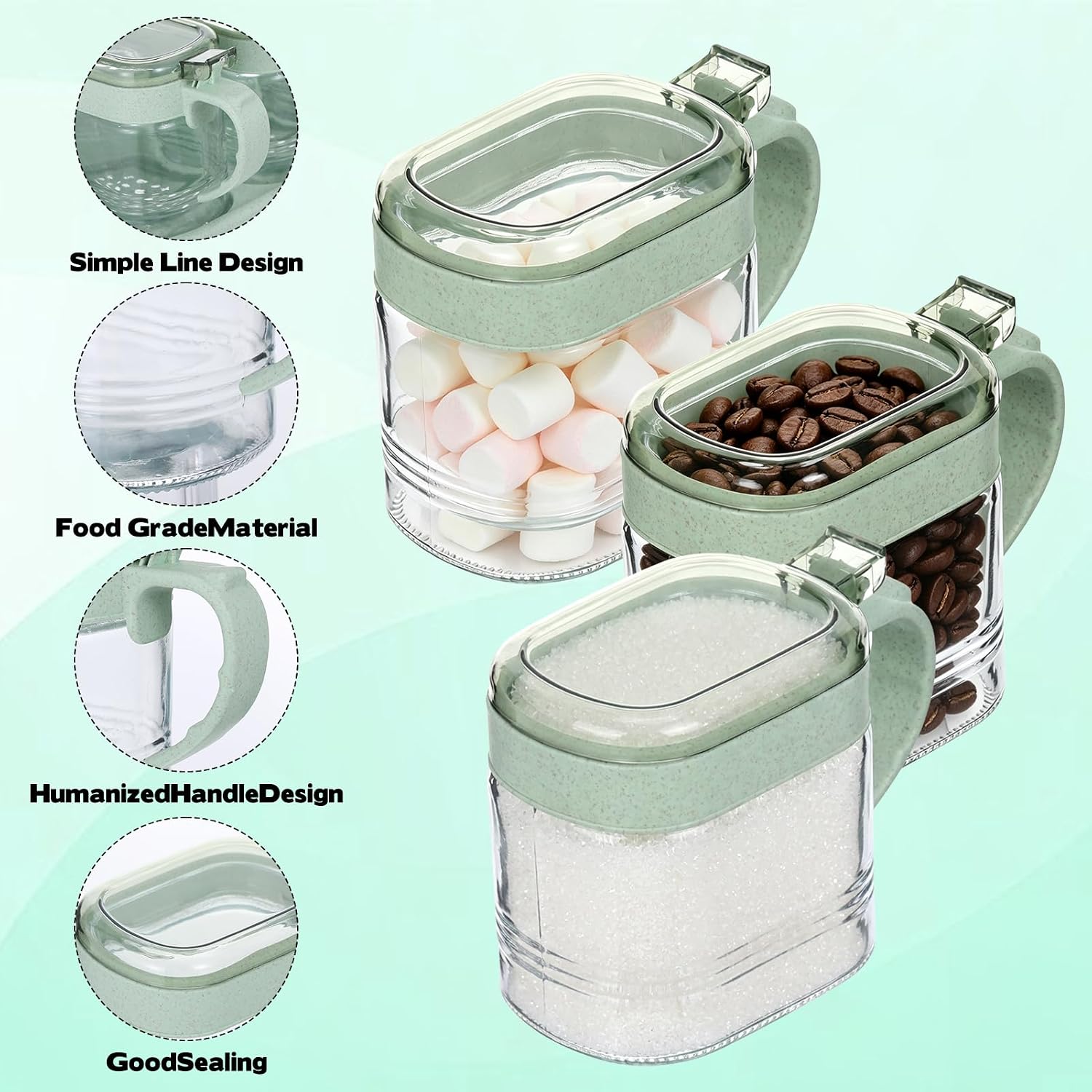 3 Pcs Green Sugar Coffee Container Set Glass Sugar Candy Jar Transparent Storage Container with Label Stickers Glass Coffee Station Organizer with Base for Bean