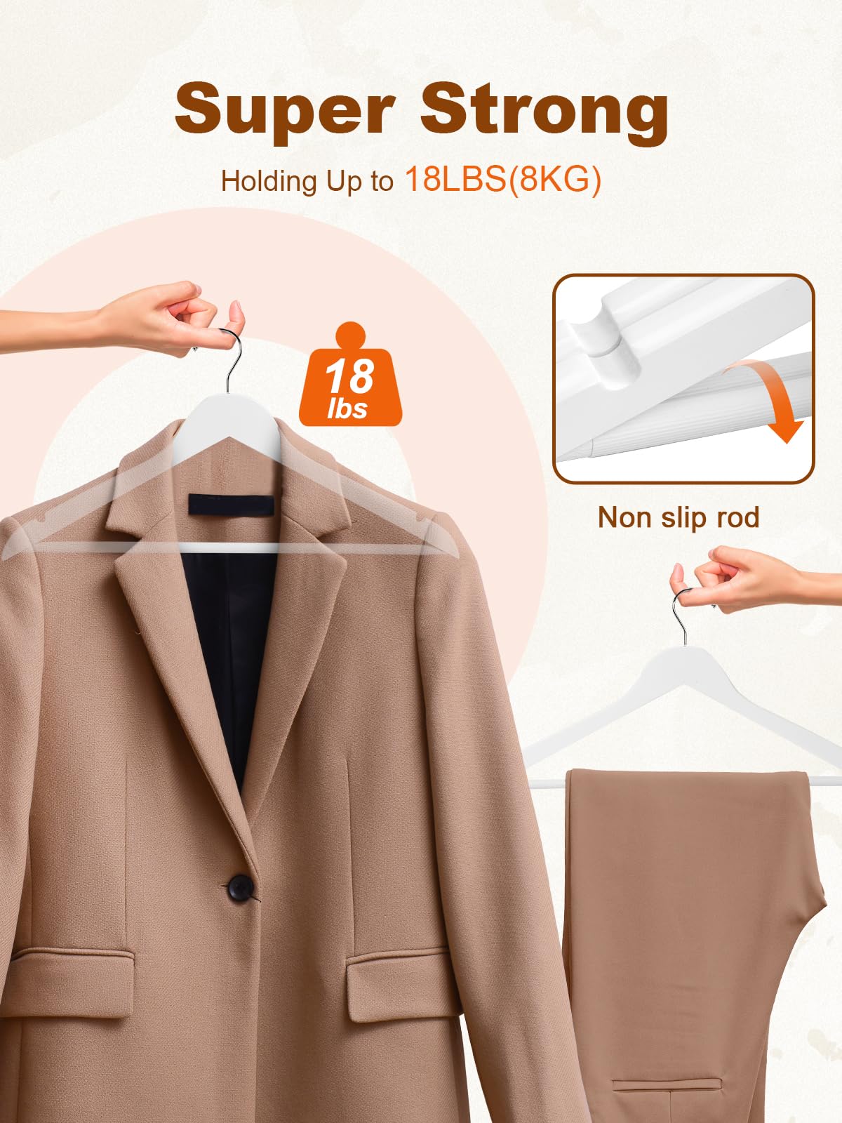 HOUSE DAY Perchas de madera blanca, paquete de 20 perchas de madera maciza con barra antideslizante para pantalones, perchas de madera resistente para armario, perchas de madera con acabado suave para