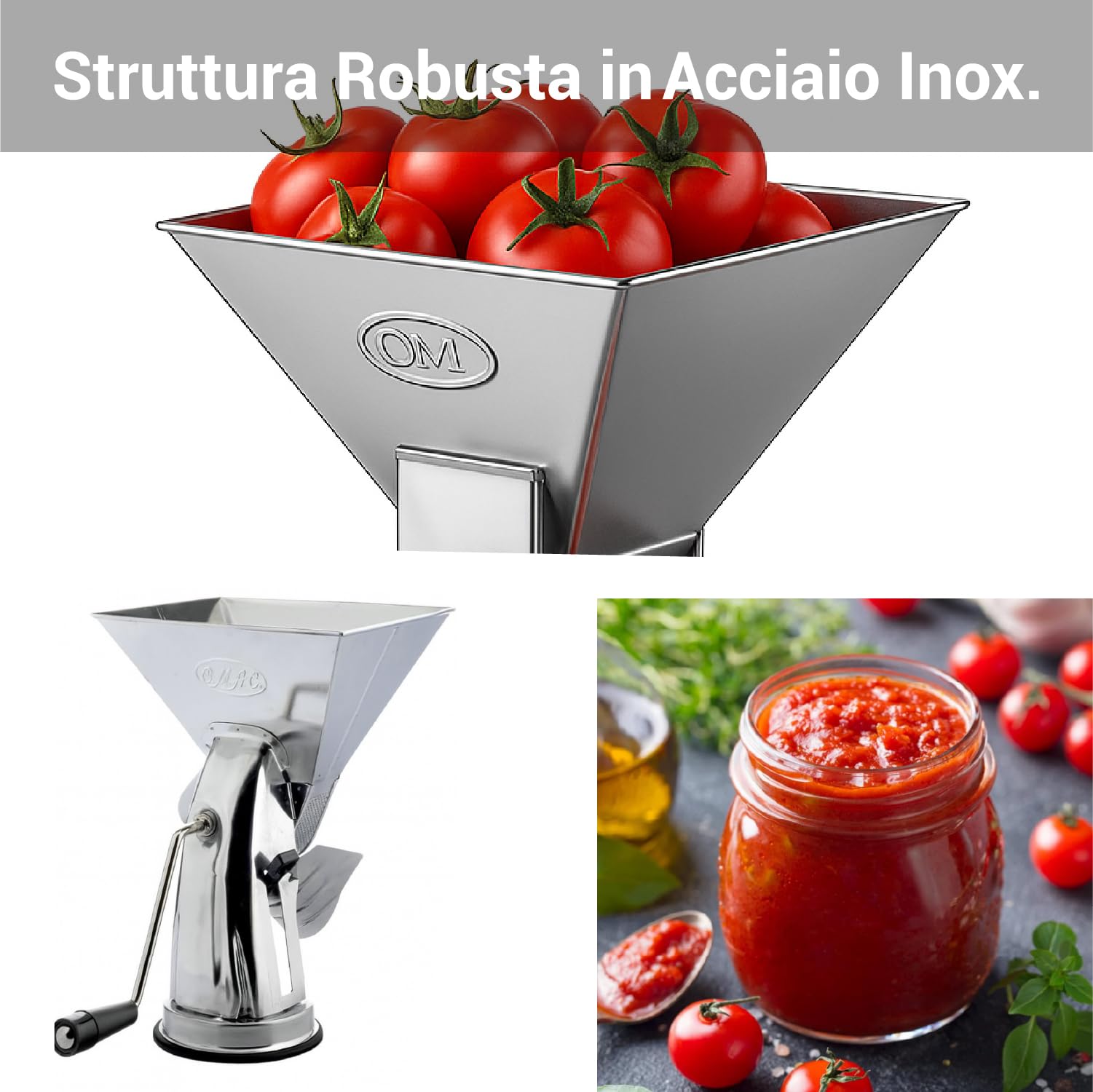 Crisalide® - Passapomodoro Manuale in Acciaio Inox 18/C con Ventosa Antiscivolo, Rullo in Alluminio, Retina in Acciaio Inox 18/10 e Leva in Nylon