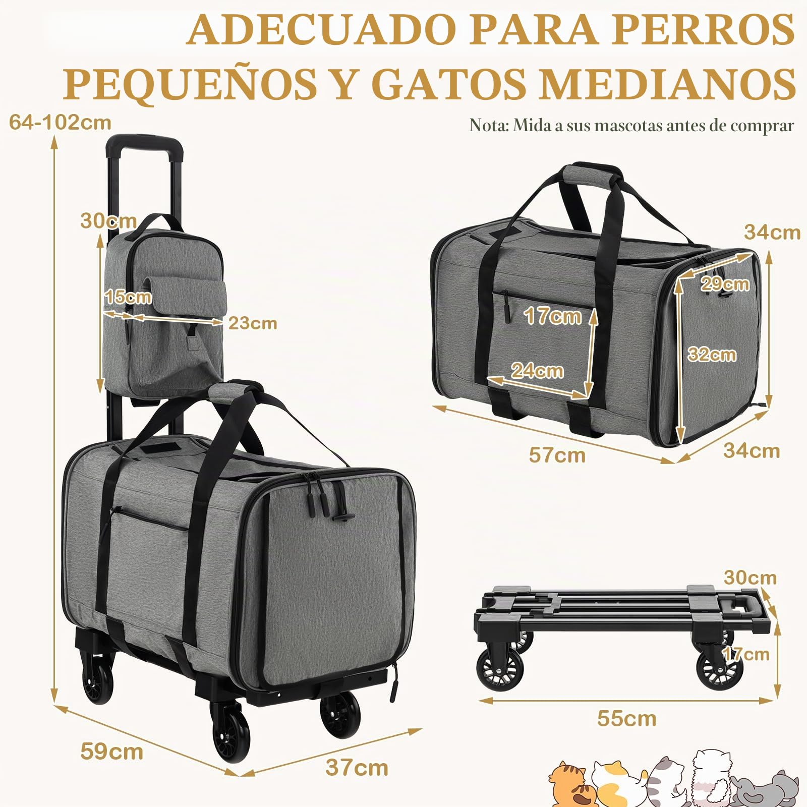 GYMAX Transportín Portatil Mochila para Gatos, Carrito para Mascotas con Asa Telescópica, Bolsa de Transporte, Bolsa de Transporte de Viaje para Mascotas Pequeñas y Medianas, Gris