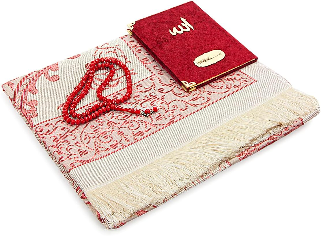 ihvan online Prayer Gift Set for Men & Women, Muslim Taffeta Prayer Rug, Salah Mat, Beads Rosary, Velvet Covered Yaseen Islamic Gift Set for Ramadan & Eid, Red