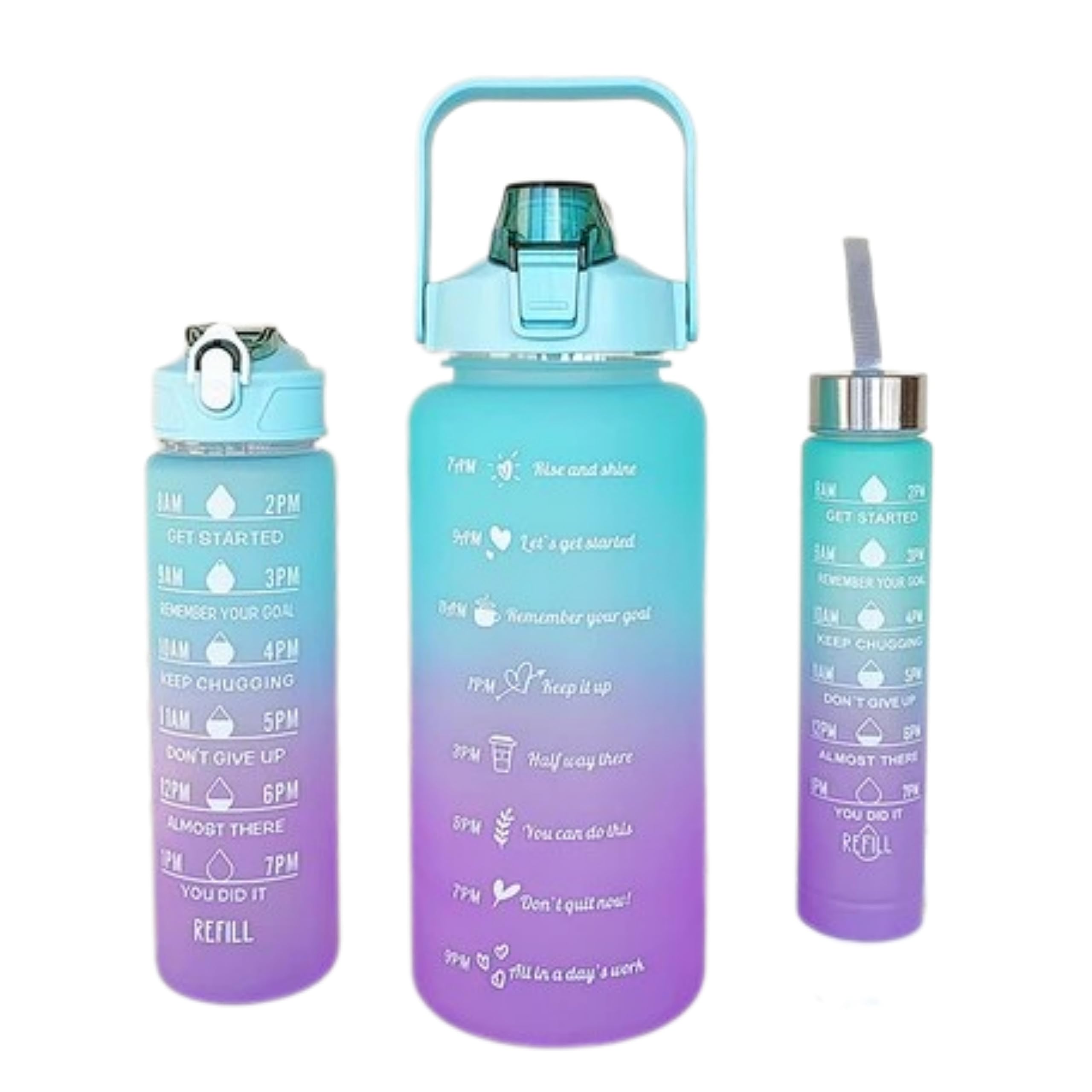 Water Bottle Set of 3,Sports Water Bottles with Straw, 2000mL+900ml+500ml Motivational Sports Water Bottle for kids Fitness Gym Office Outdoor School Sports.with Time Marker,Plastic BPA Free Bottle