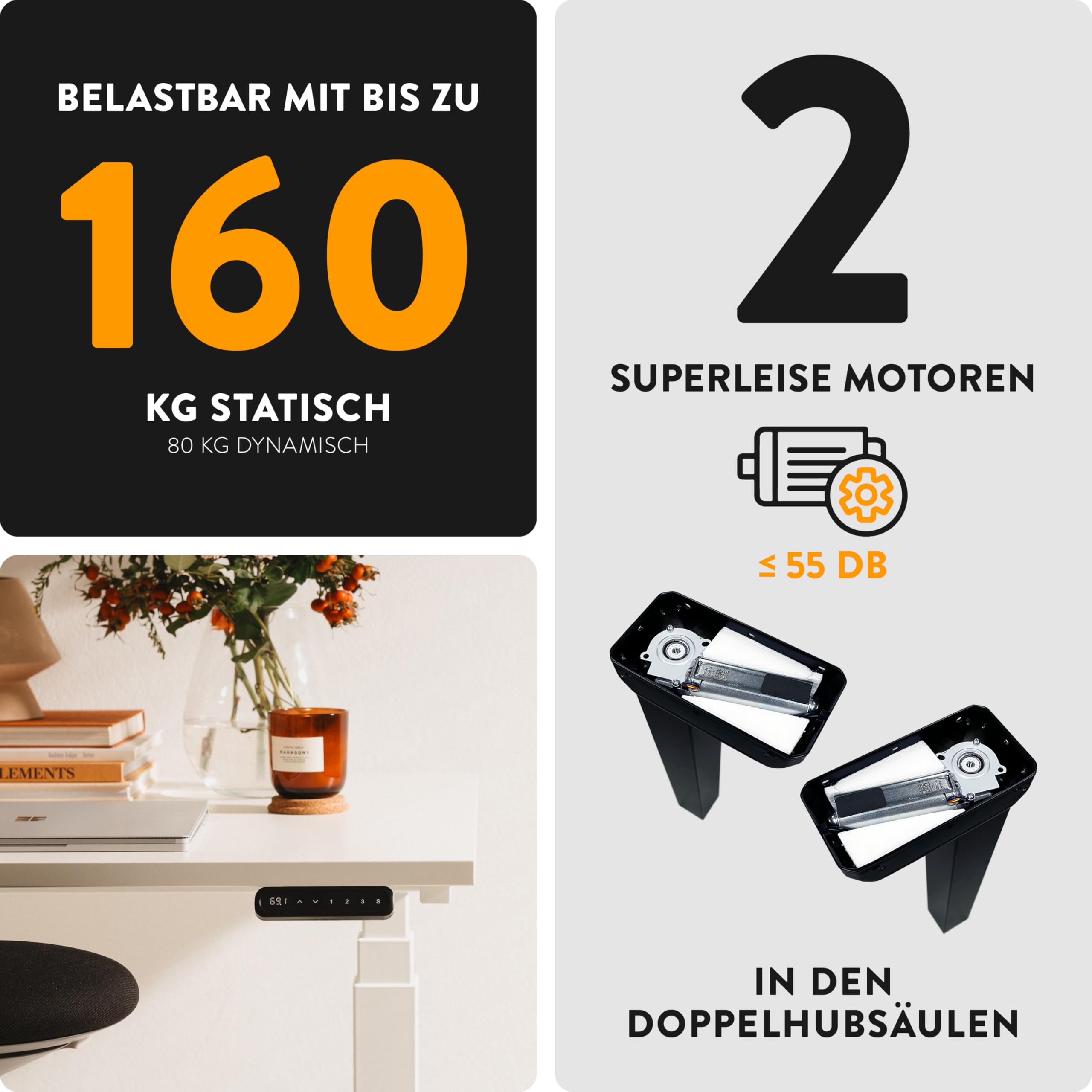 boho office® Basic Line Schreibitsch elektisch höhenverstellbar | Basic Line - Tischgestell Weiß, Tischplatte 160x80 Wildeiche - ultraschnelle 80 mm/Sek, Memoryfunktion, Kollisionsschutz