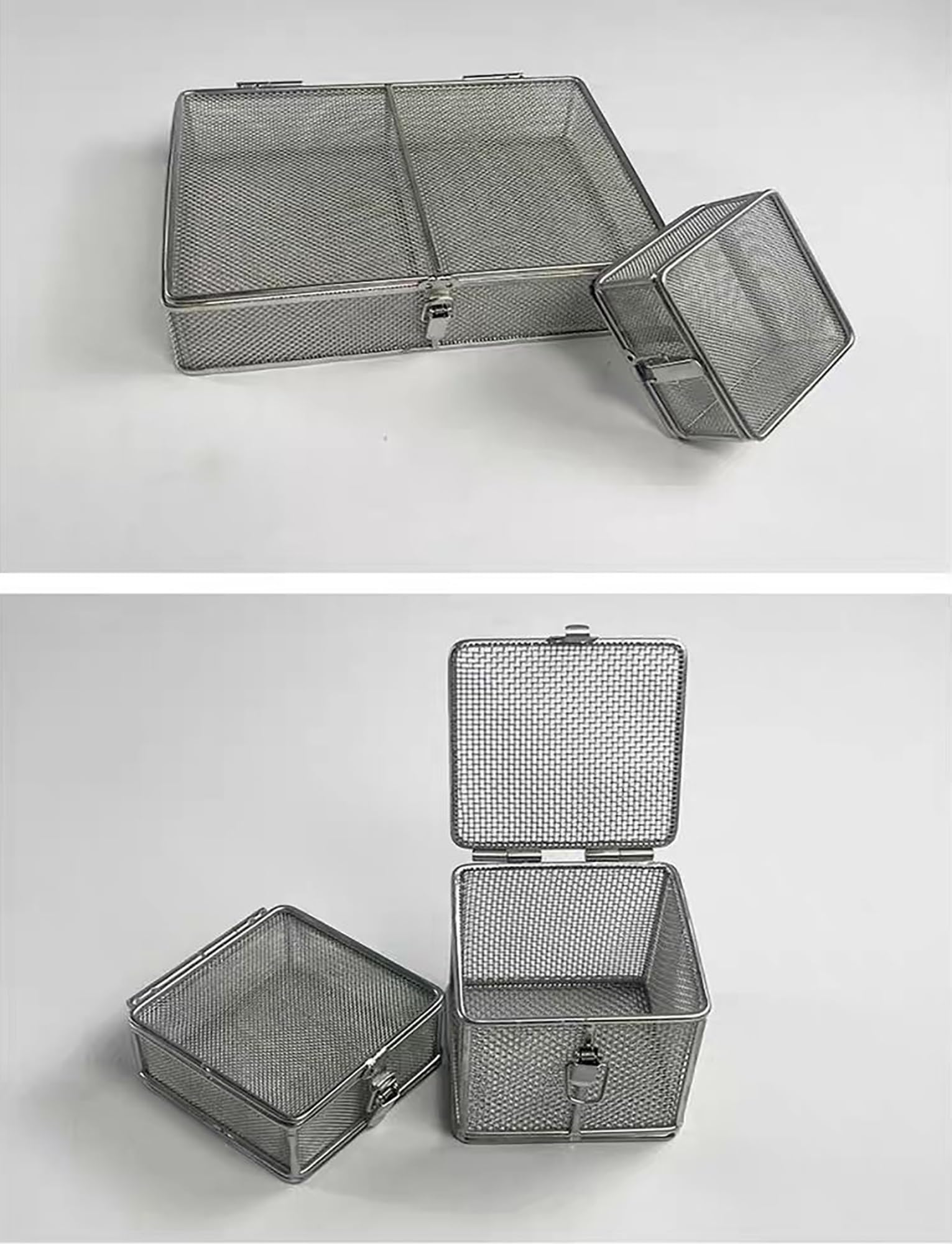Malla de esterilización de acero inoxidable 304 de 0,5 mm, bandeja de instrumentos reutilizable, cestas de esterilización con asa retráctil y tapa.(30x20x7cm)