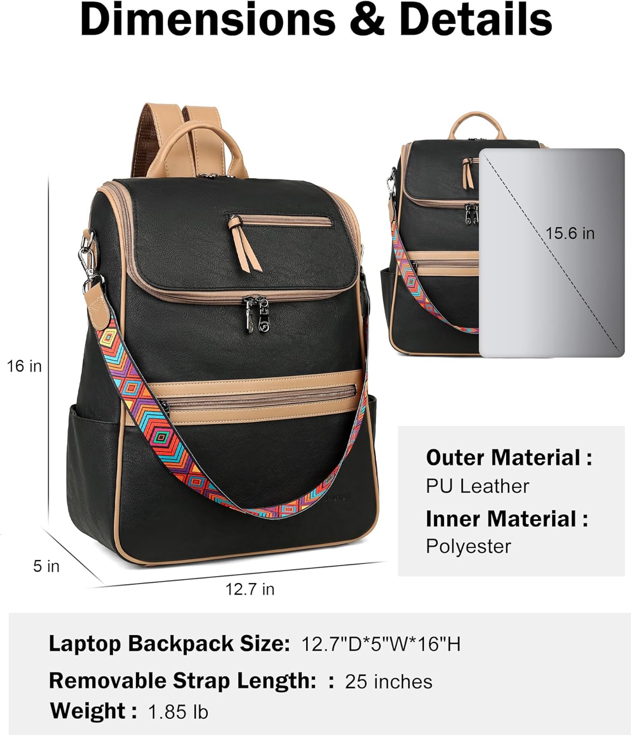 FADEON Laptop Backpack for Women Leather Travel Backpack with Laptop Compartment, Designer PU Shoulder Laptop Bag Black Brown - Image 3