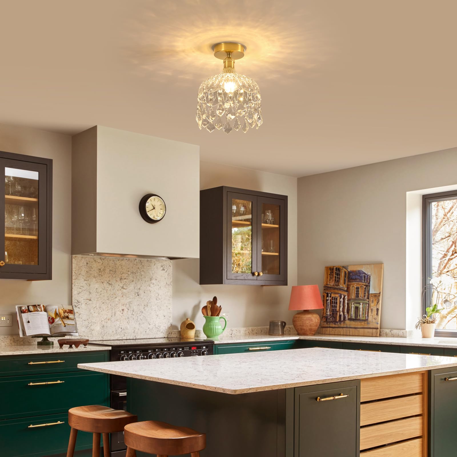 DELIPOP Lustre Plafonnier en Cristal, E14 Moderne Lampe de Plafond Design Cage, Doré Rétro Luminaire Plafonnier pour Chambre Salon Couloir Cuisine Salle à Manger