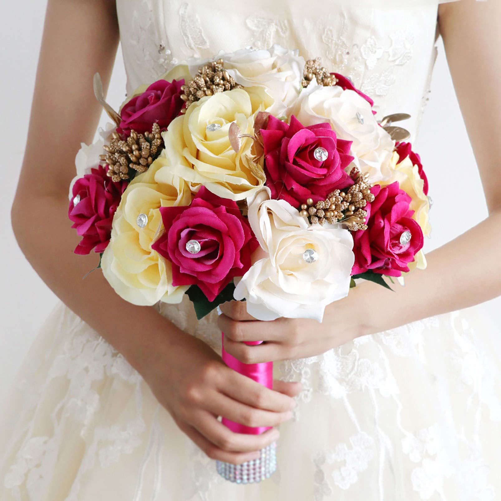 HJRegaFimu Artificial Romantic Wedding Bouquet Champagne Pink Rose Bride Bridal Bouquets Bridesmaid Holding Flower For Party Church Birthday Shooting (1) (a 1) Interesting
